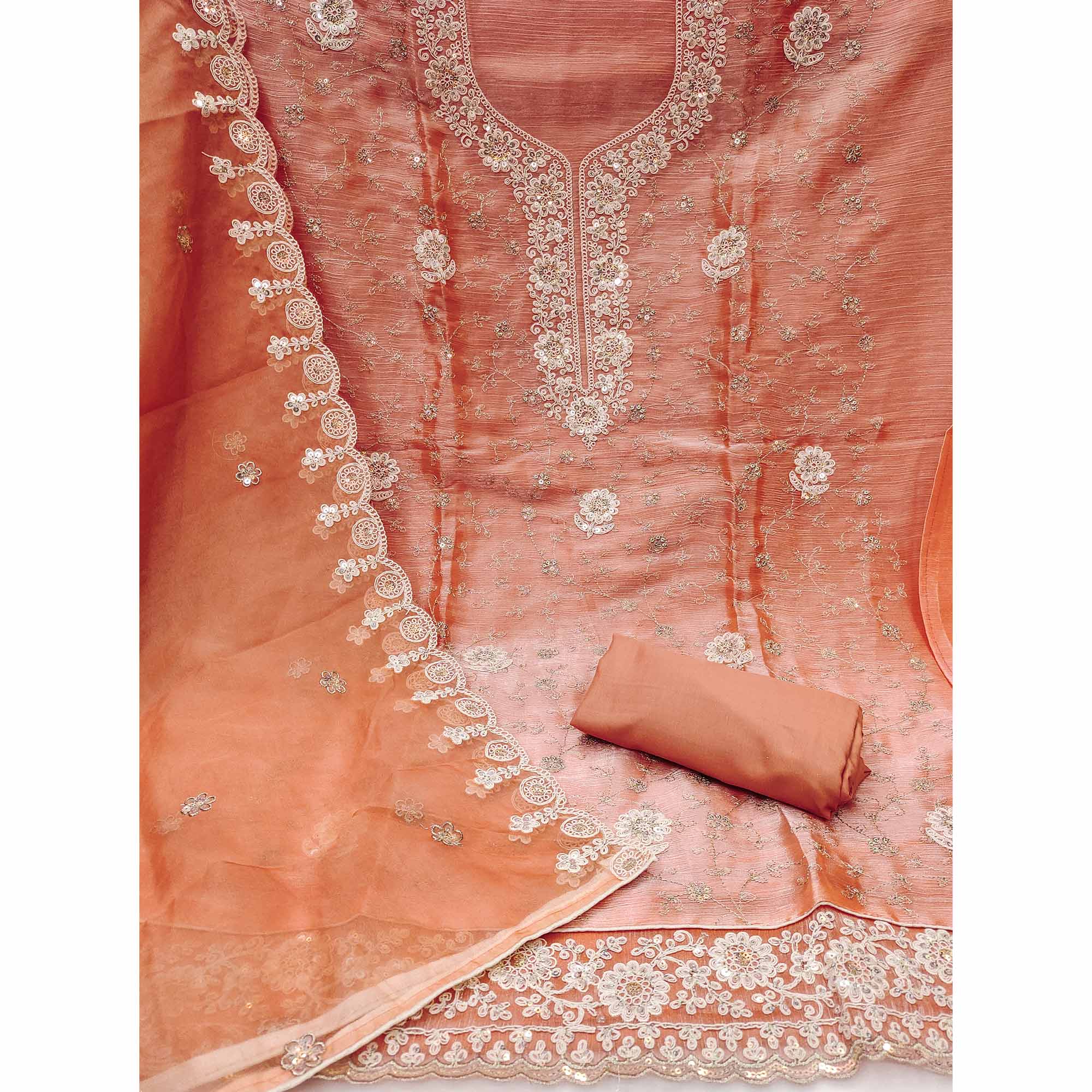 Peach Floral Sequins Embroidered Viscose Golden Crush Dress Material