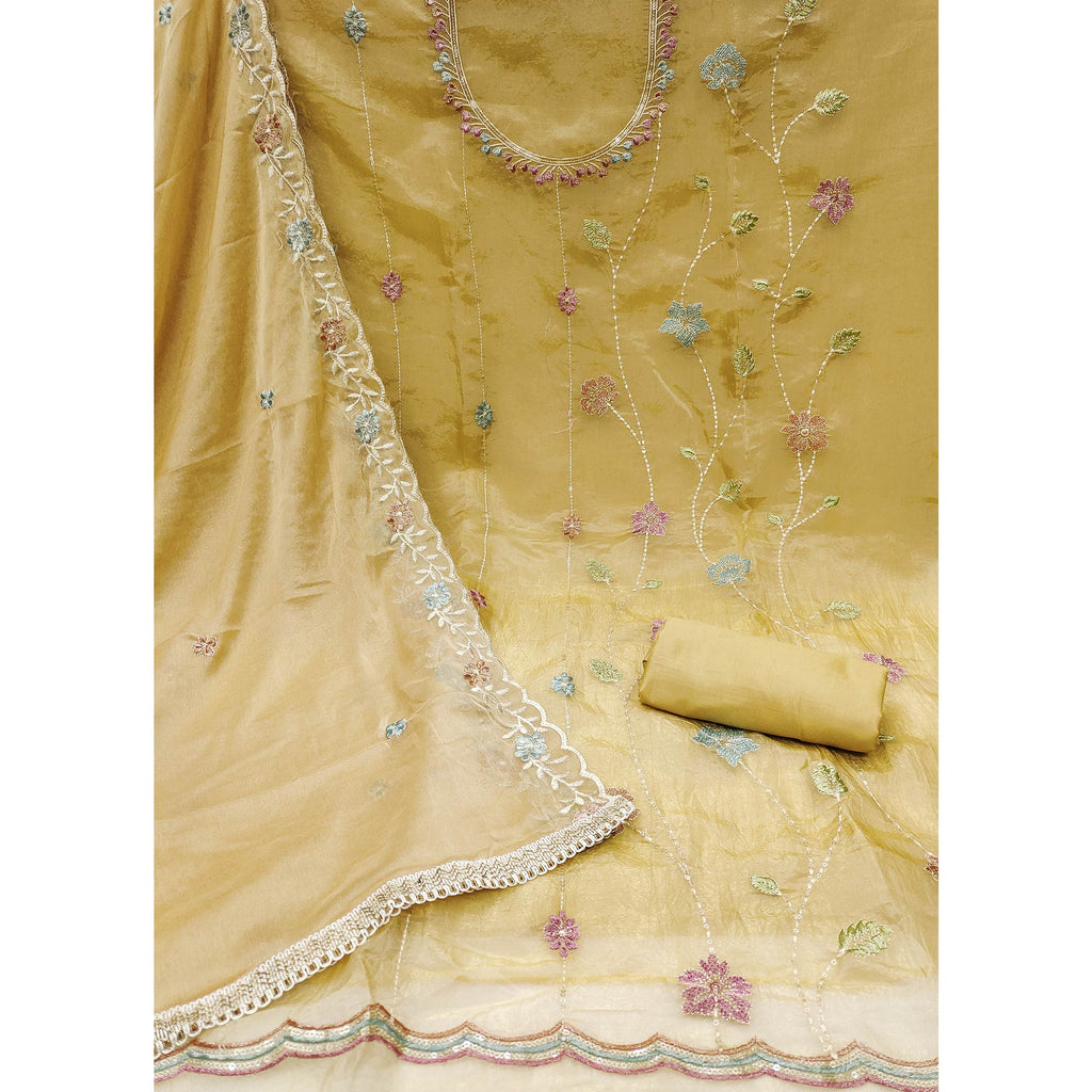 Chikoo Floral Sequins Embroidered Viscose Golden Crush Dress Material