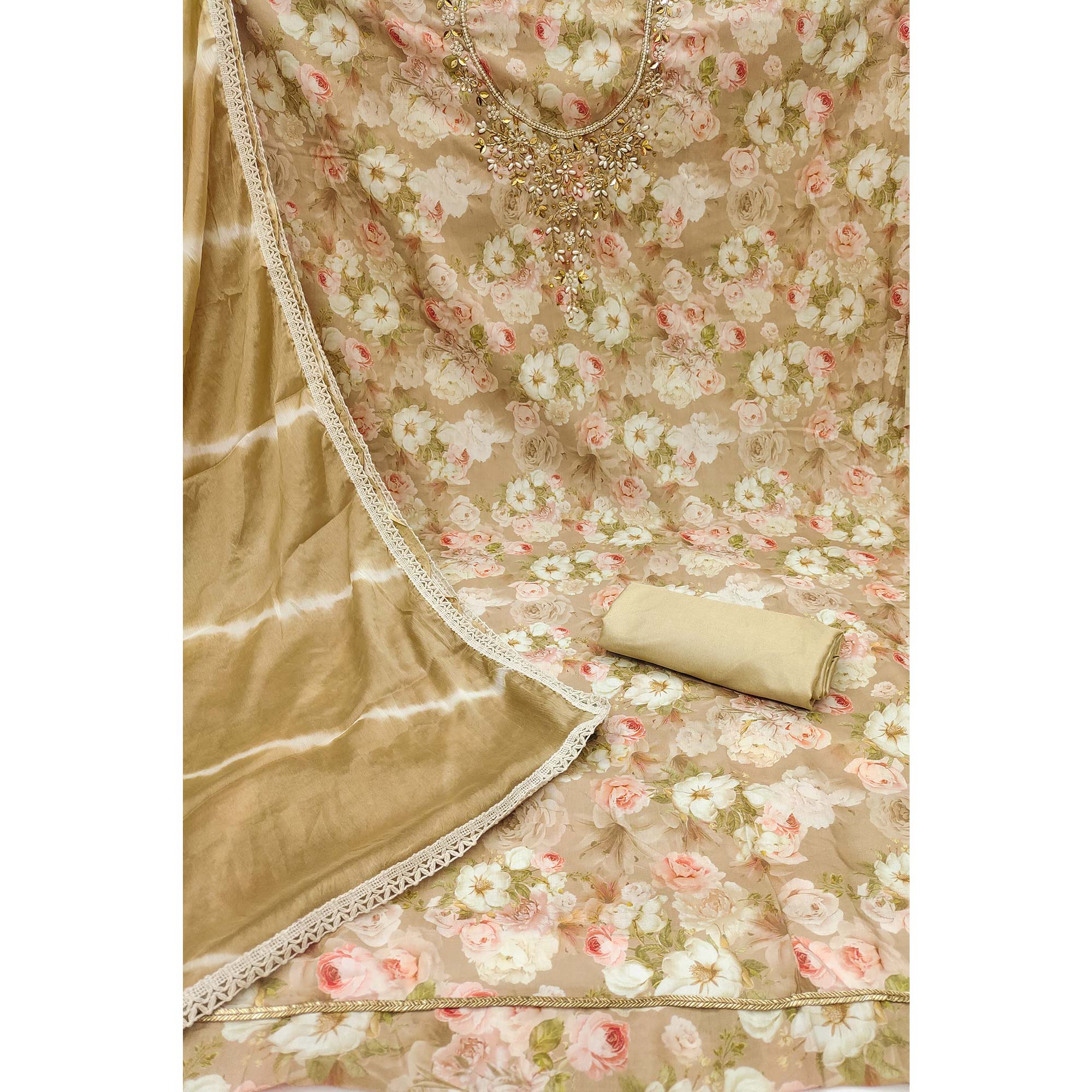 Chikoo Floral Digital Printed With Handwork Muslin Dress Material