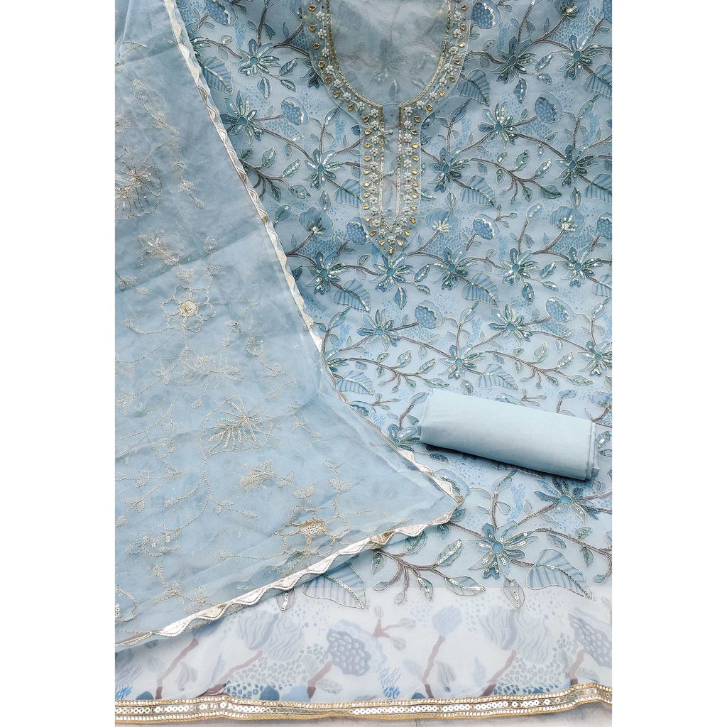 Blue Floral Sequins Embroidery With Handwork Organza Dress Material