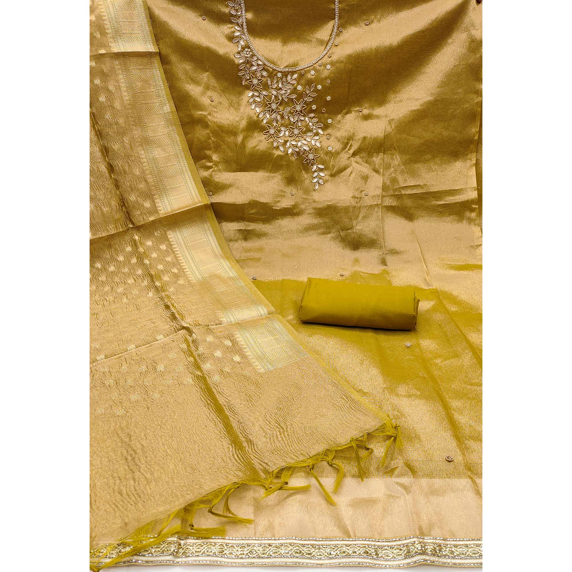 Dark Mustard Floral Moti & Gota Patti Handwork Viscose Dress Material