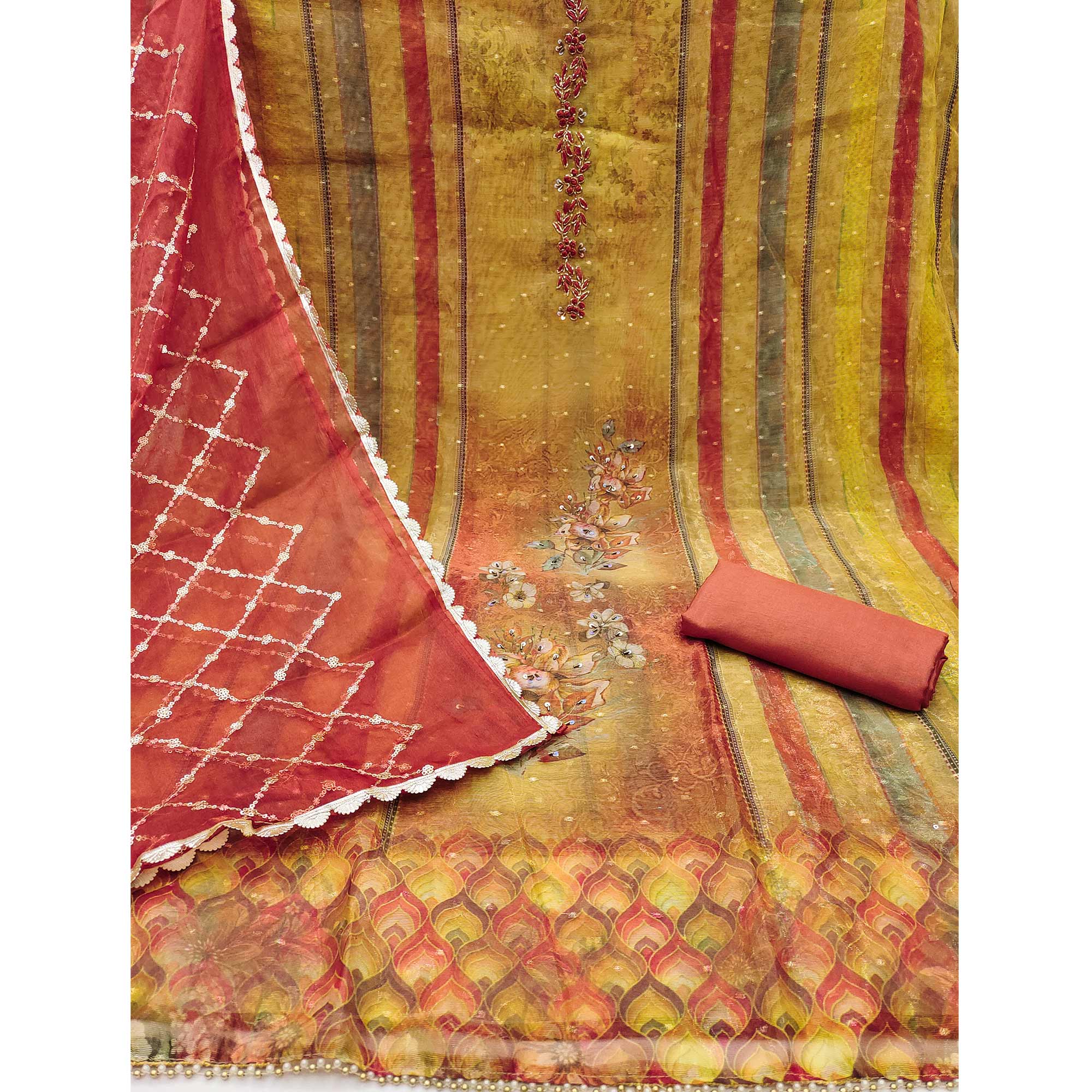 Green Floral Printed With Handwork Shimmer Viscose Dress Material