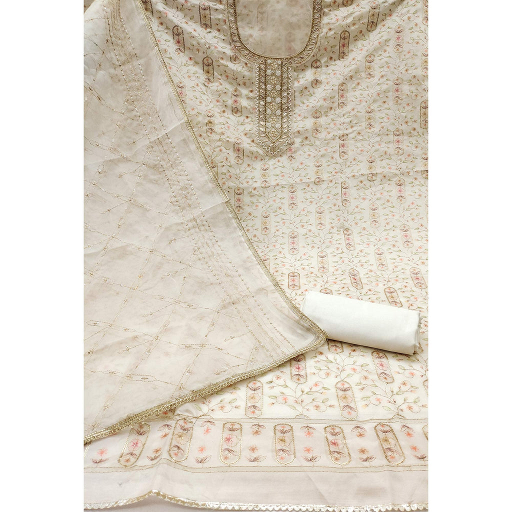 Offwhite Floral Sequins Embroidery With Handwork Viscose Dress Material