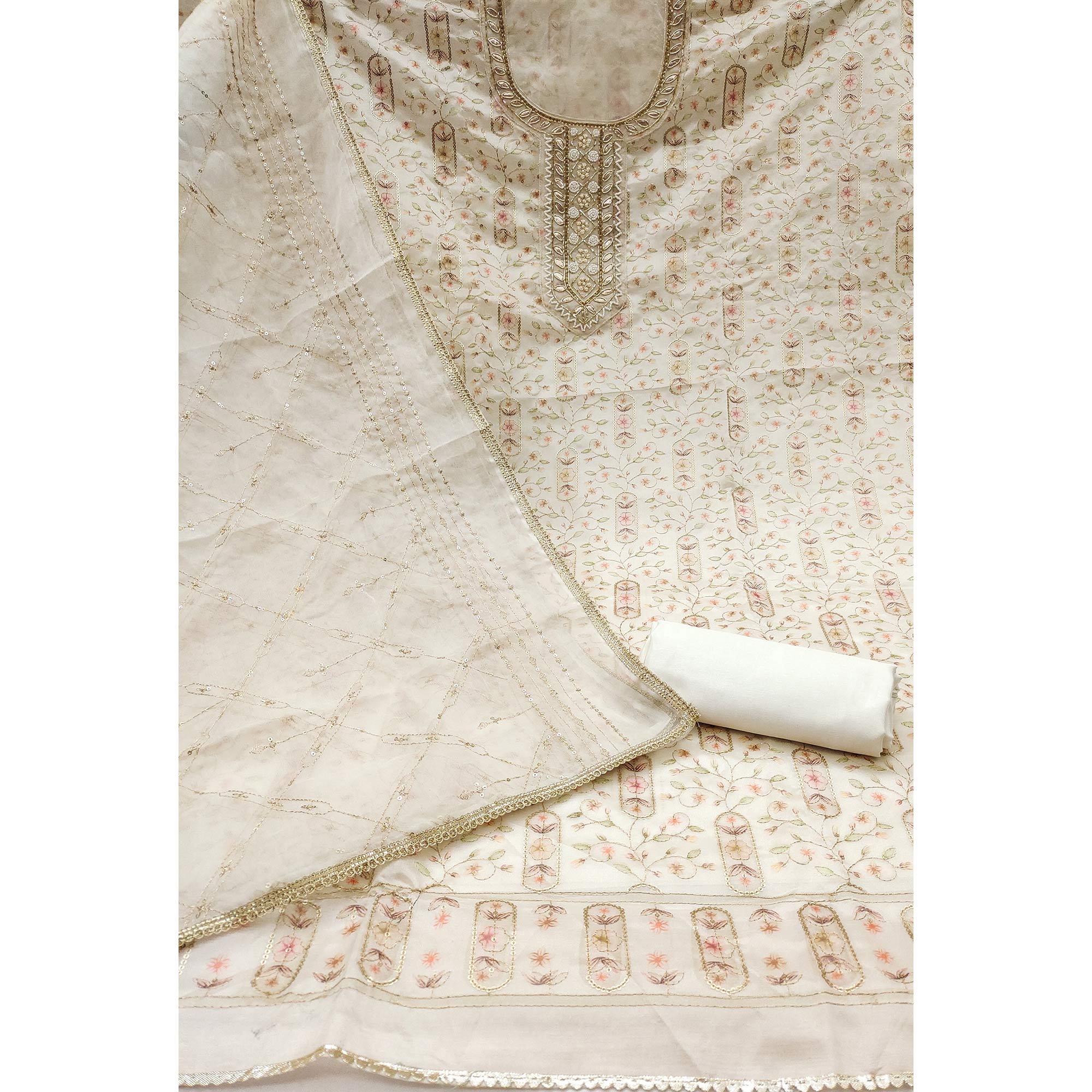 Offwhite Floral Sequins Embroidery With Handwork Viscose Dress Material