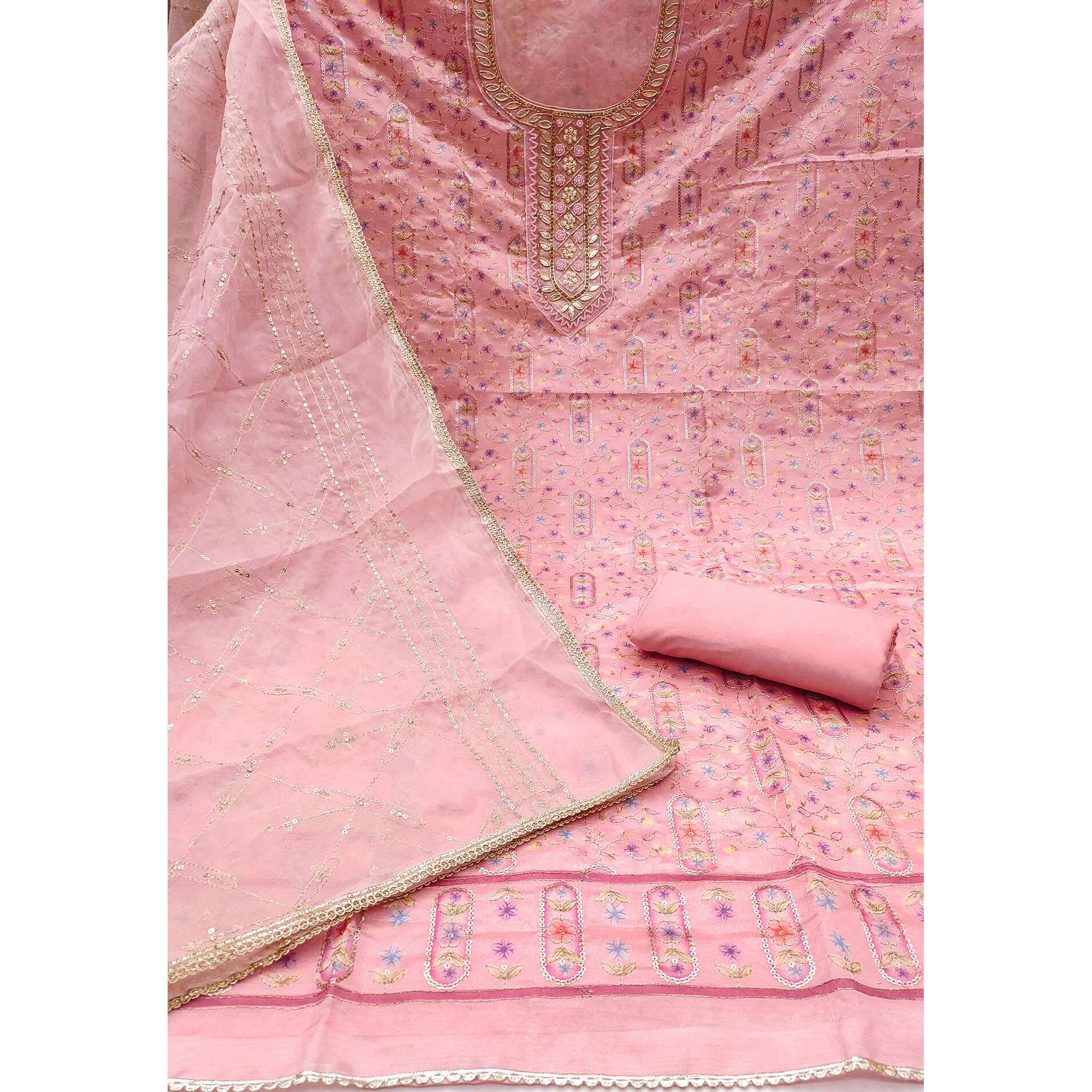 Pink Floral Sequins Embroidery With Handwork Viscose Dress Material