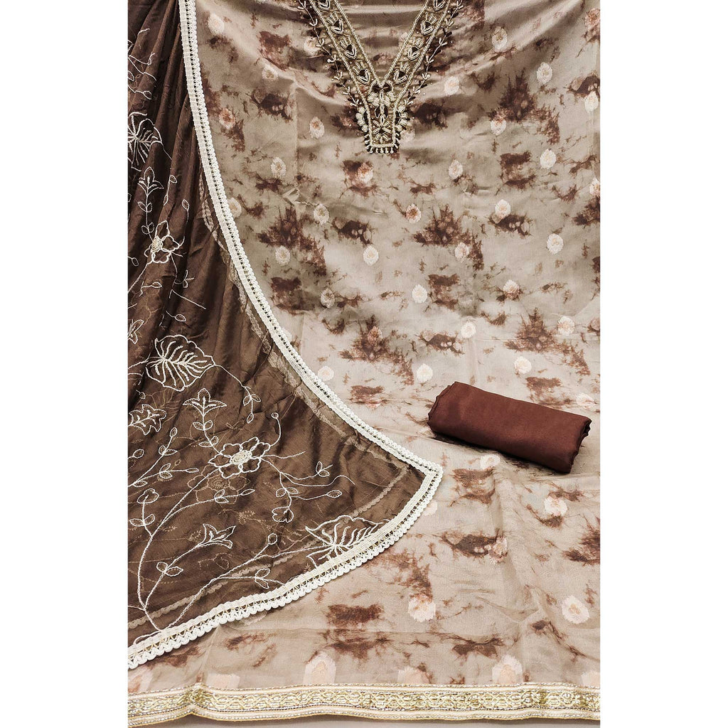 Brown Digital Printed With Handwork Organza Dress Material
