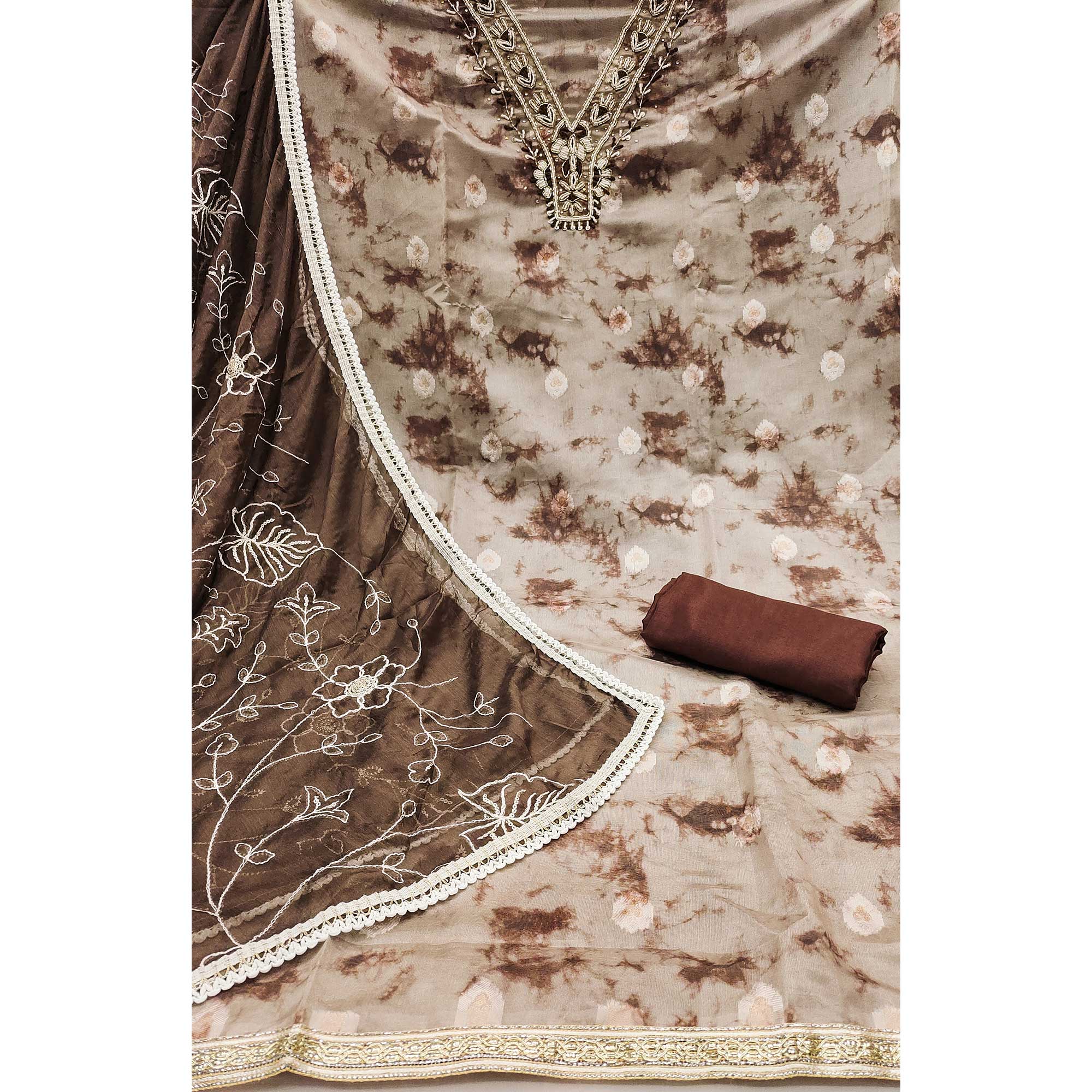 Brown Digital Printed With Handwork Organza Dress Material