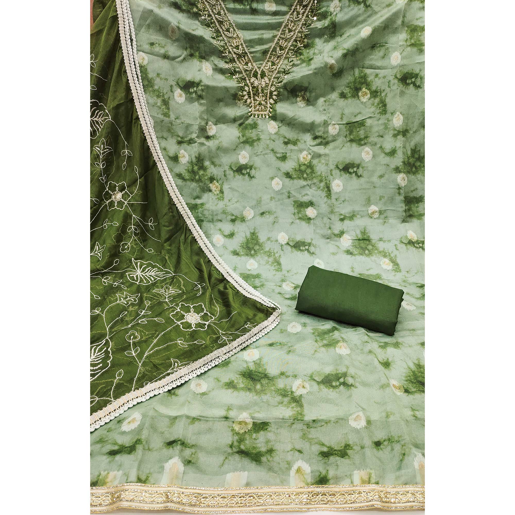 Green Digital Printed With Handwork Organza Dress Material