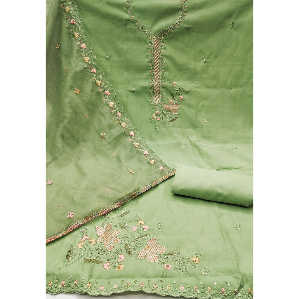 Green Floral Sequins Embroidered Cotton Silk Dress Material
