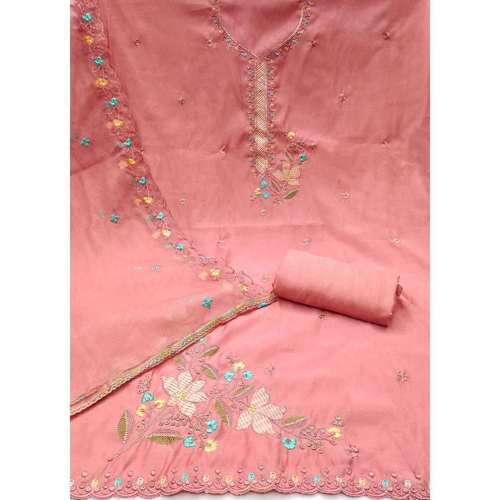 Peach Floral Sequins Embroidered Cotton Silk Dress Material