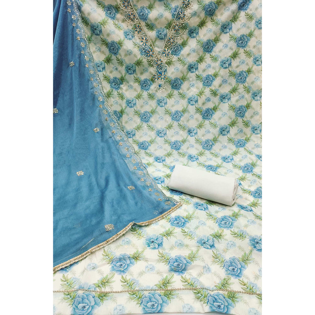 Blue Floral Digital Printed With Handwork Chanderi Silk Dress Material