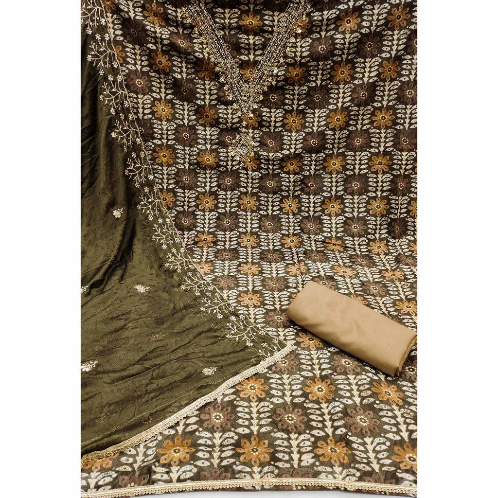 Dark Brown Floral Printed With Handwork Pure Cotton Dress Material