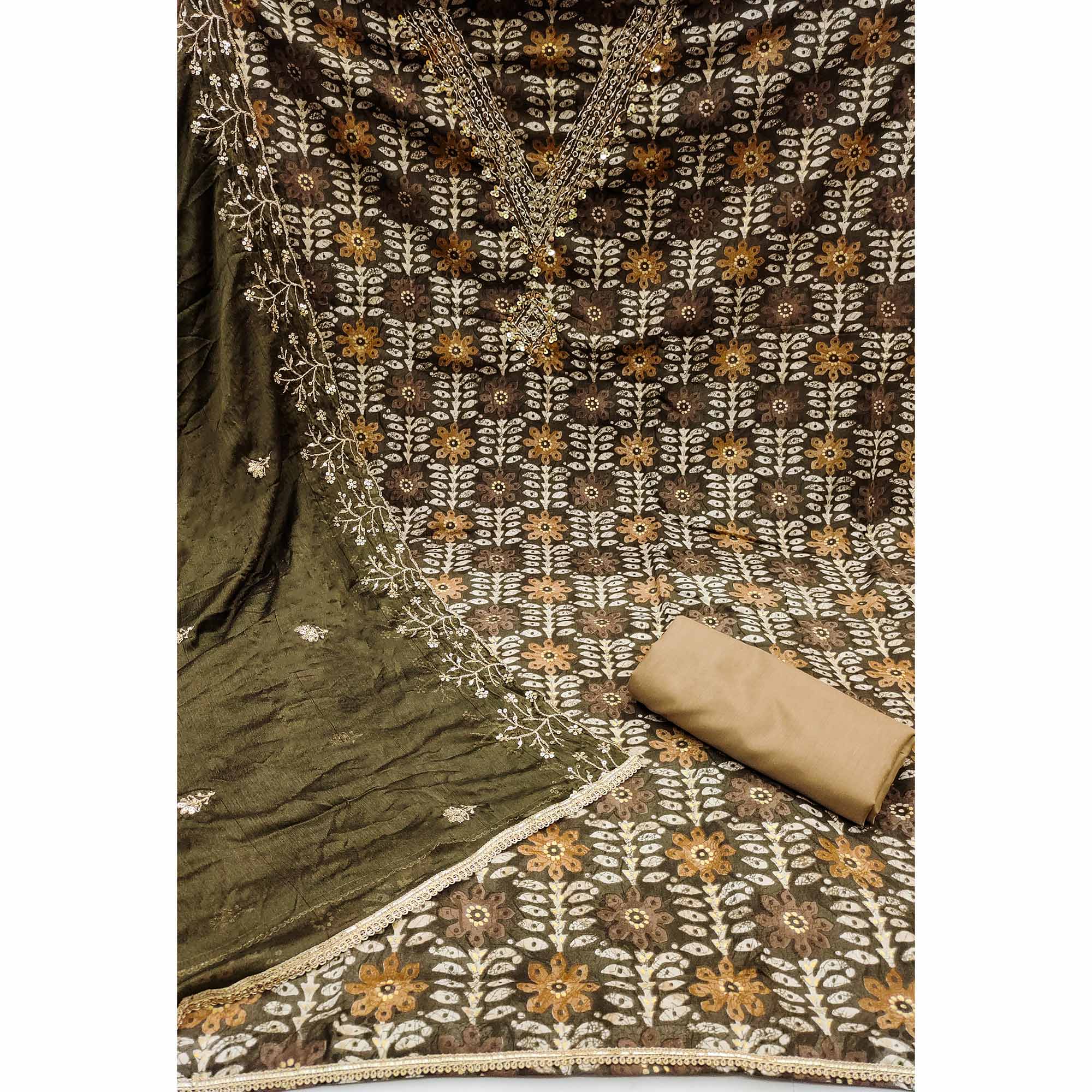 Dark Brown Floral Printed With Handwork Pure Cotton Dress Material