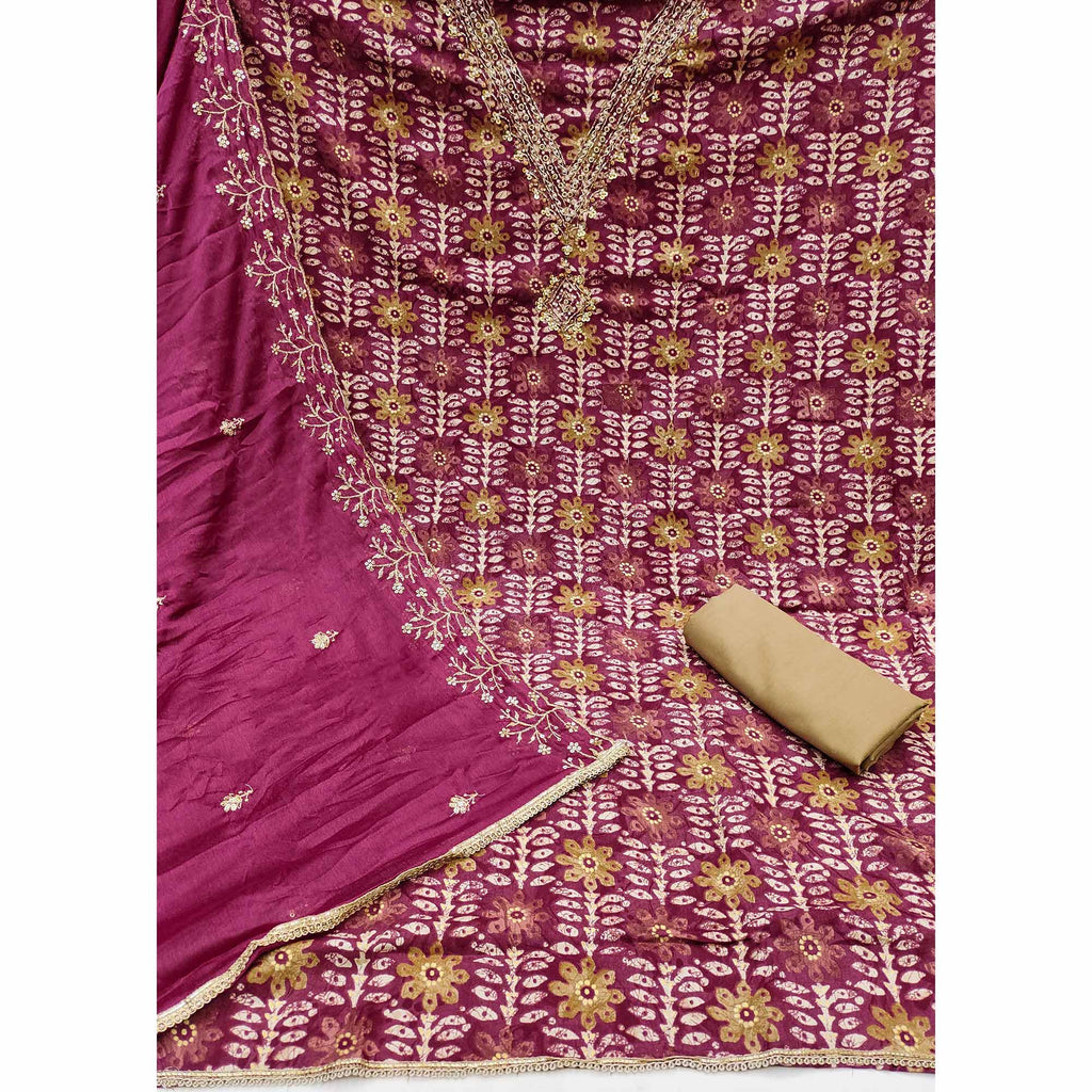 Dark Magenta Floral Printed With Handwork Pure Cotton Dress Material