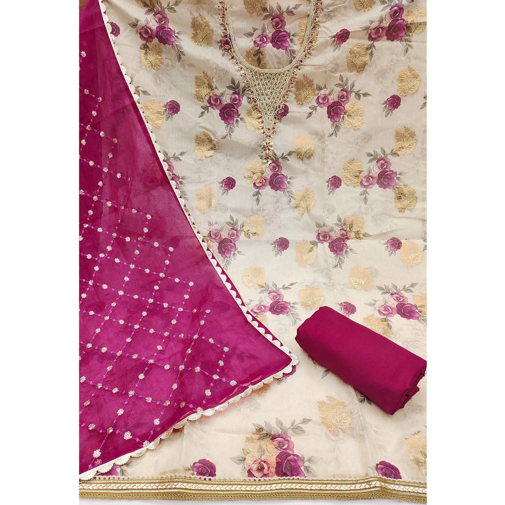 Pink Floral Digital Printed With Handwork Viscose Banarasi Dress Material