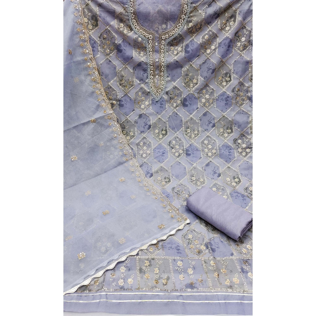 Lavender Floral Sequins Embroidery With Handwork Organza Dress Material
