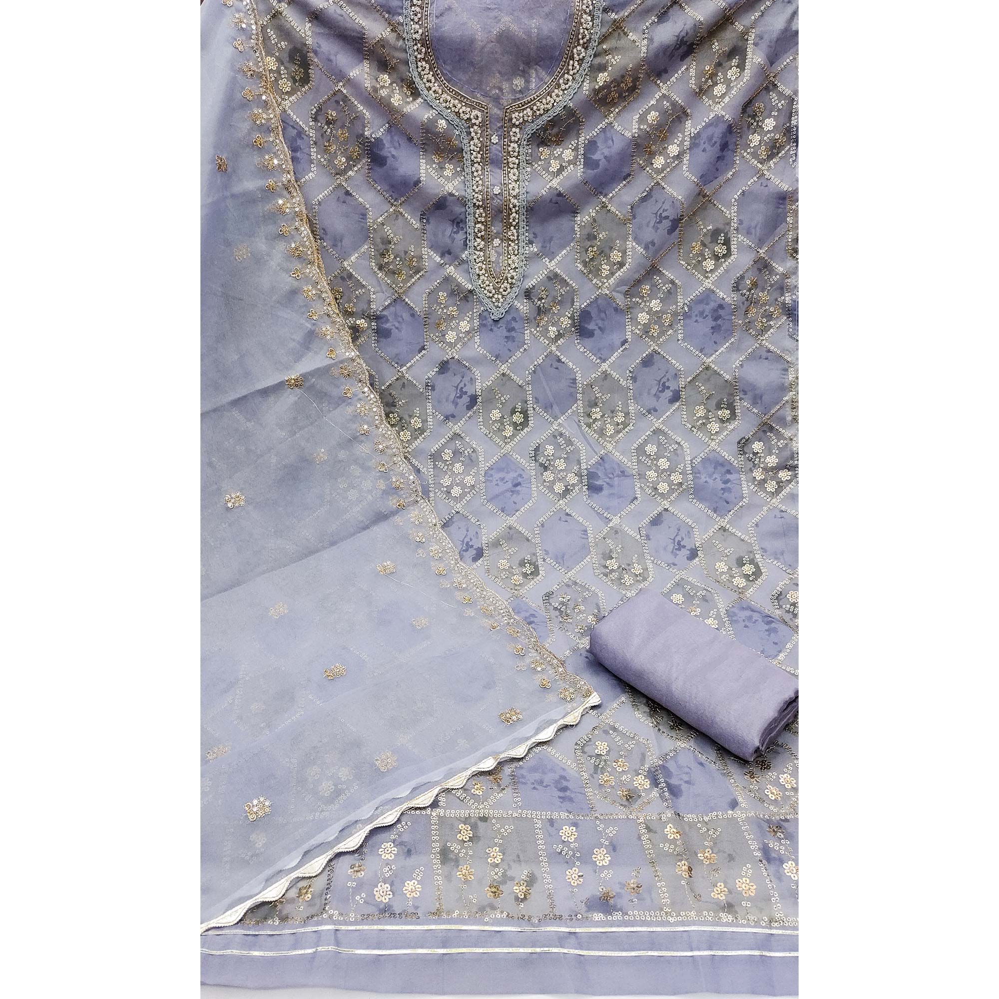 Lavender Floral Sequins Embroidery With Handwork Organza Dress Material