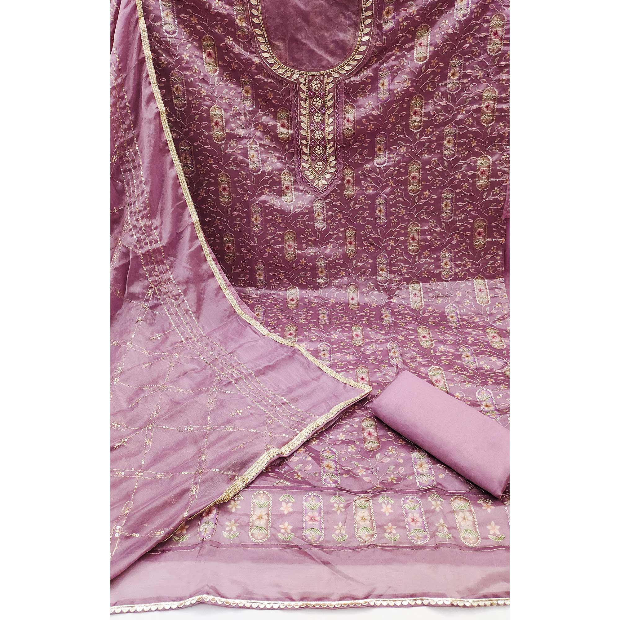 Mauve Floral Sequins Embroidery With Handwork Organza Dress Material