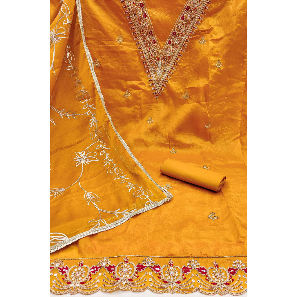 Mustard Sequins Embroidery With Handwork Viscose Golden Crush Dress Material
