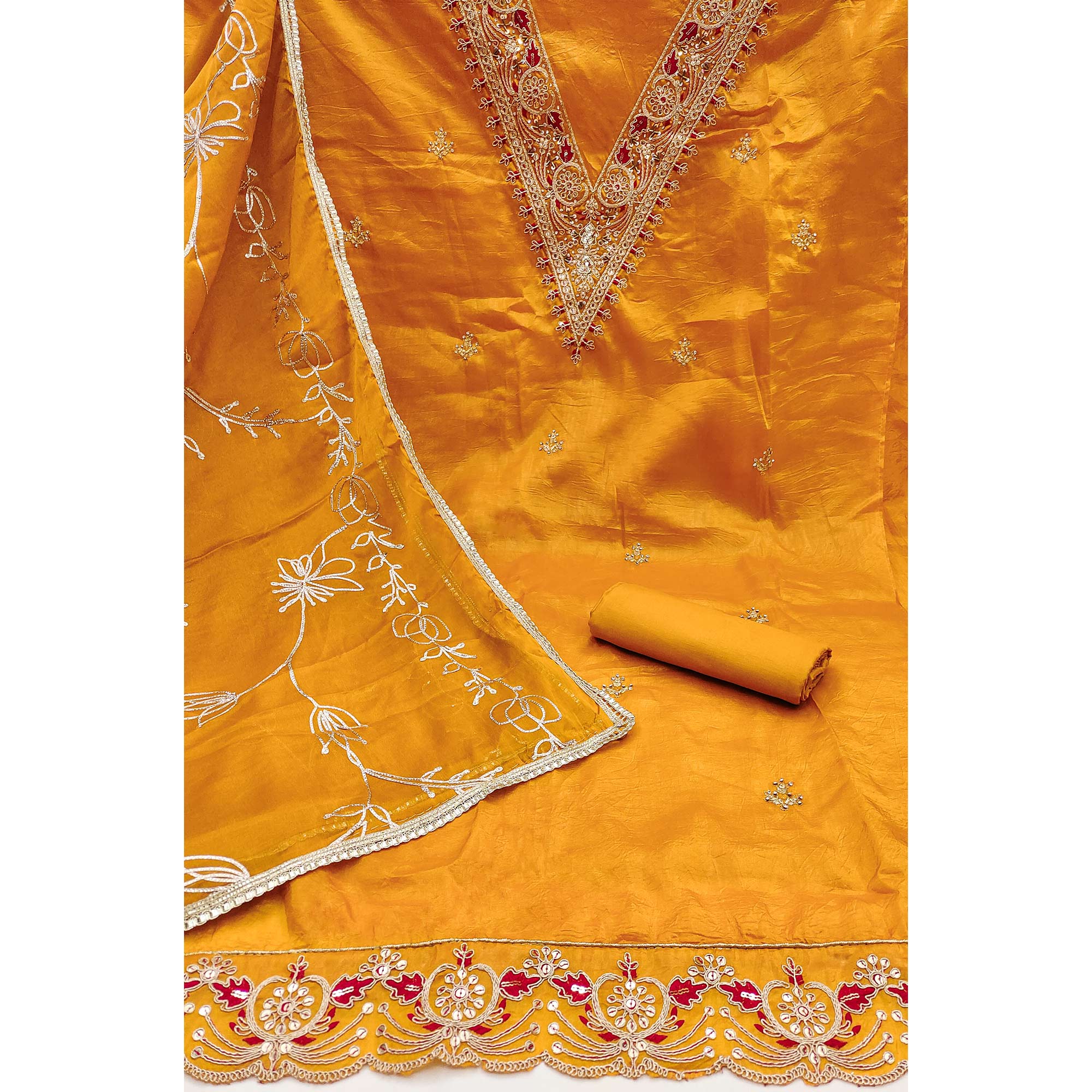Mustard Sequins Embroidery With Handwork Viscose Golden Crush Dress Material