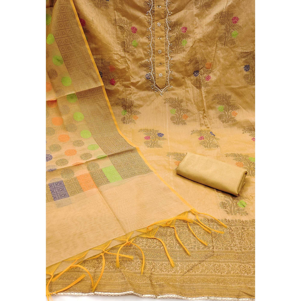 Chikoo Floral Woven With Handwork Banarasi Silk Dress Material