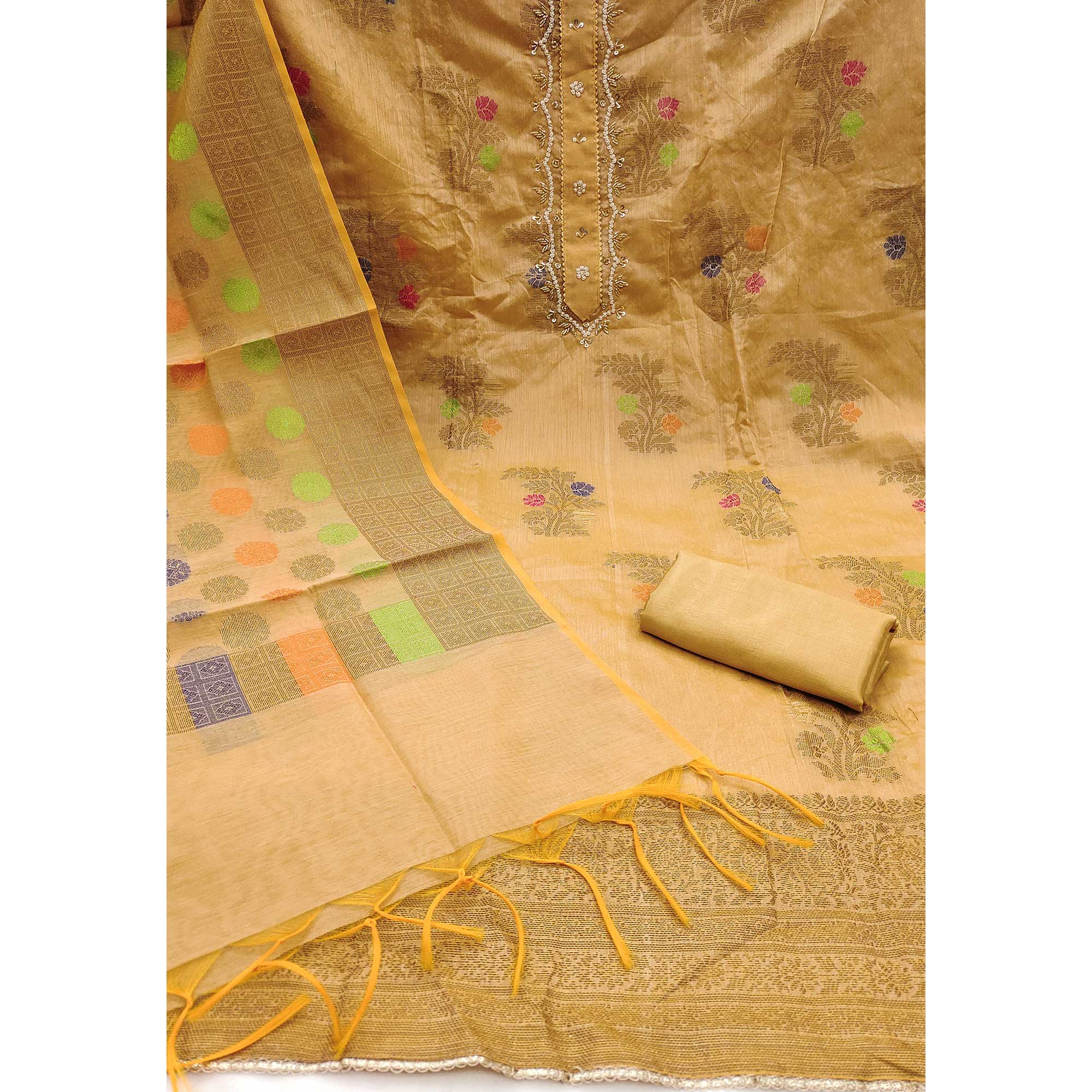 Chikoo Floral Woven With Handwork Banarasi Silk Dress Material