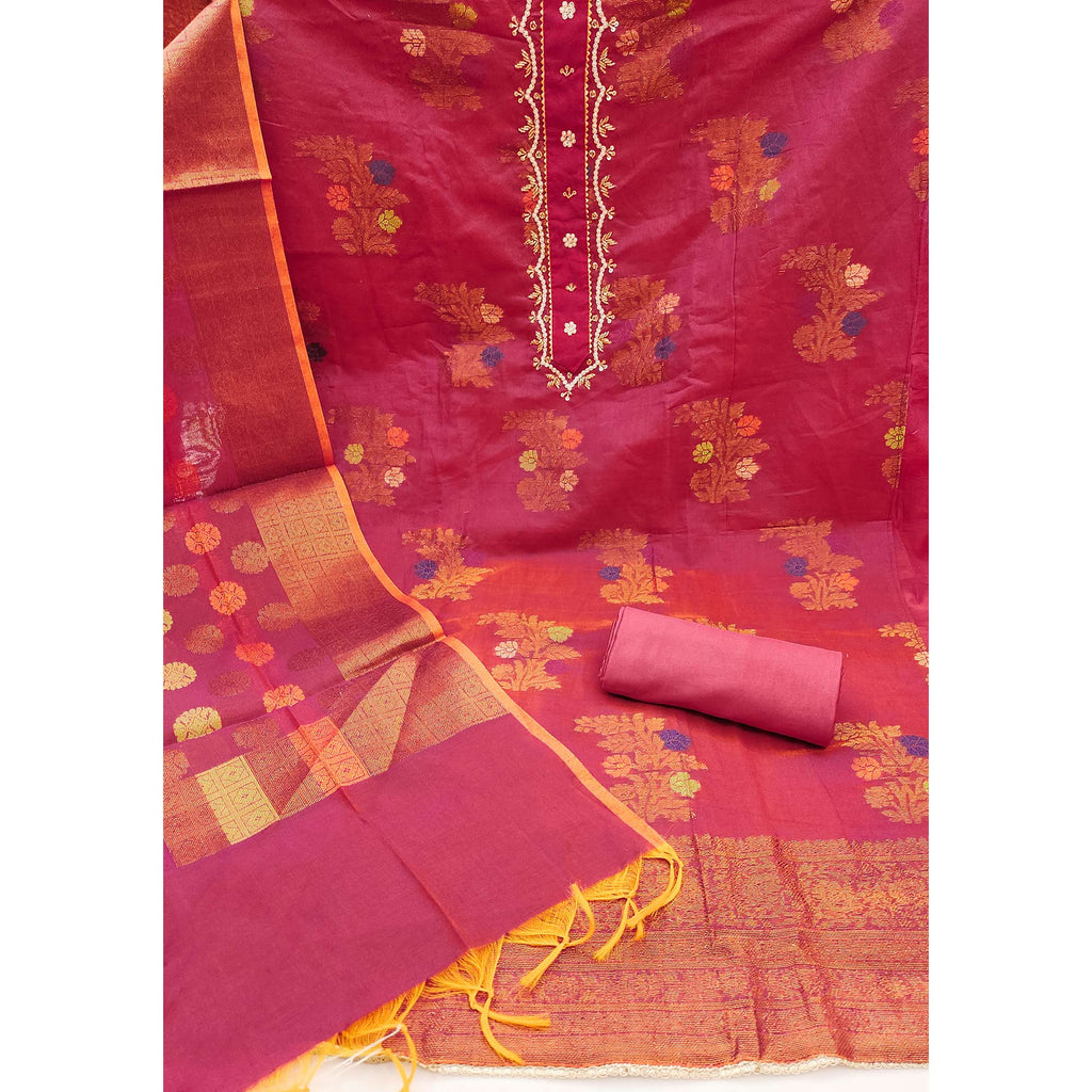 Pink Floral Woven With Handwork Banarasi Silk Dress Material