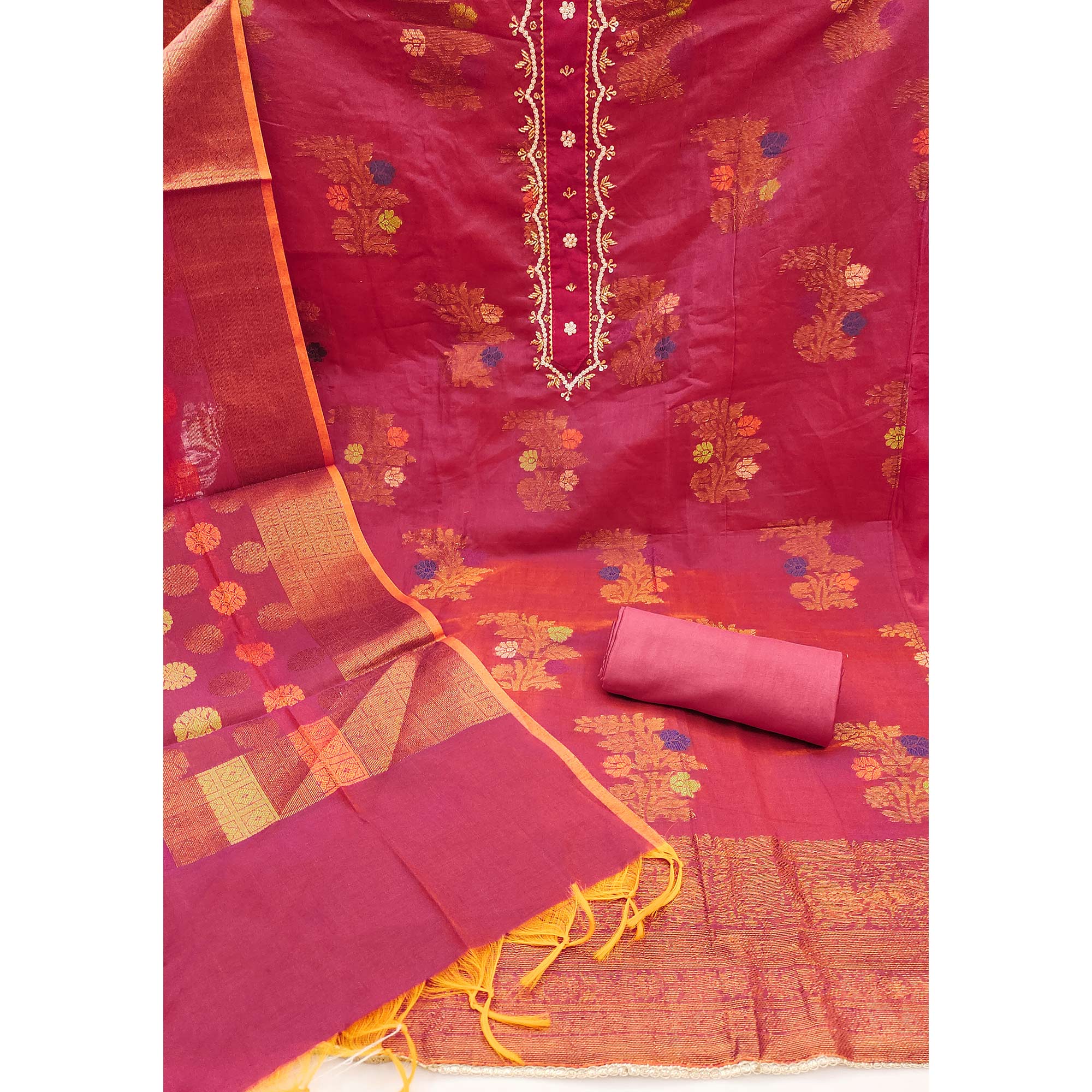 Pink Floral Woven With Handwork Banarasi Silk Dress Material