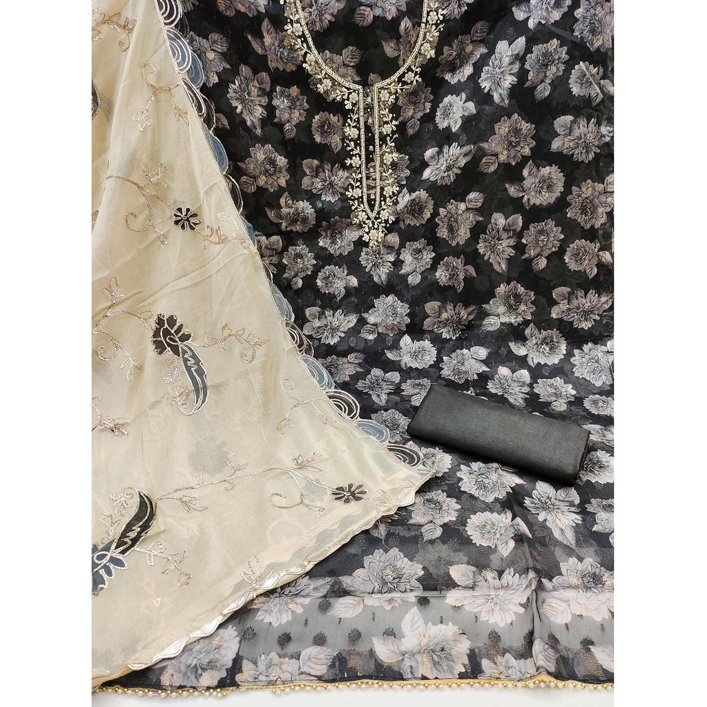 Black Floral Printed With Handwork Viscose Banarasi Dress Material