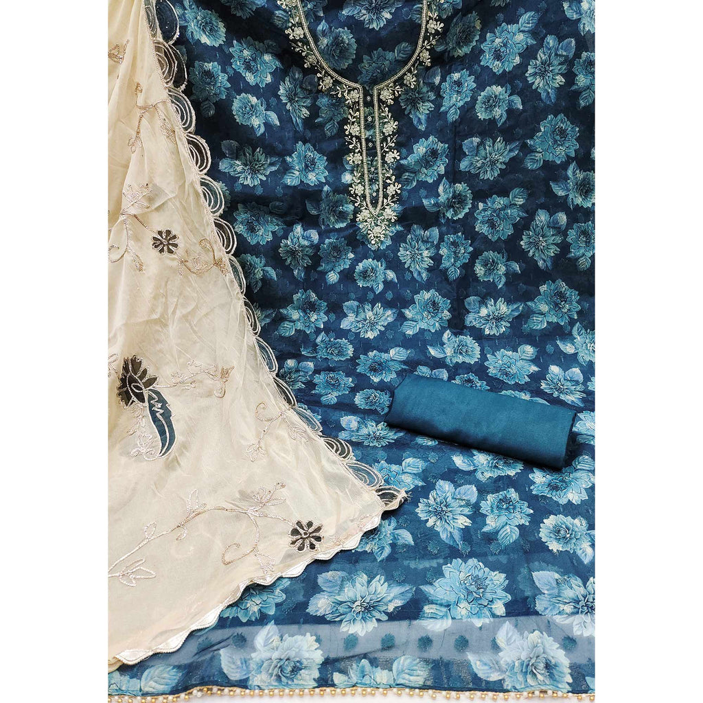 Blue Floral Printed With Handwork Viscose Banarasi Dress Material