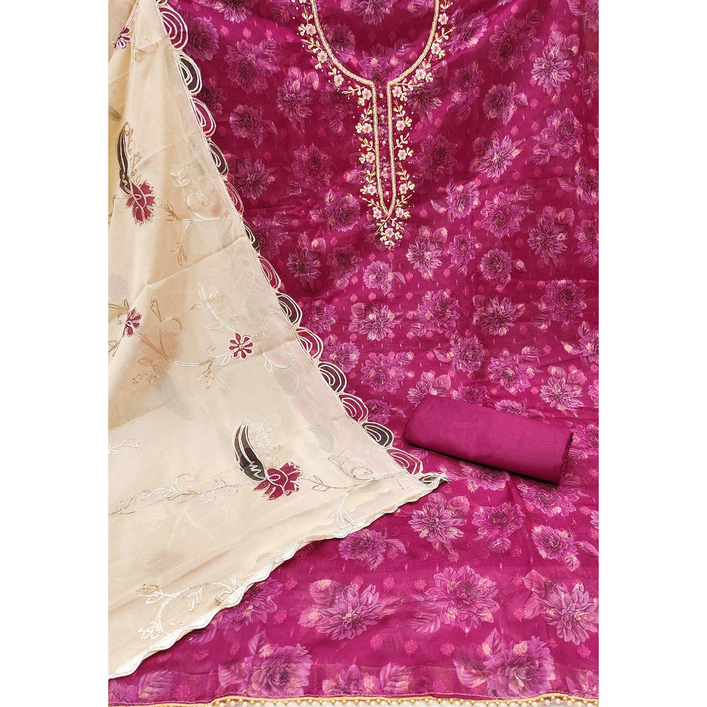 Dark Magenta Floral Printed With Handwork Viscose Banarasi Dress Material