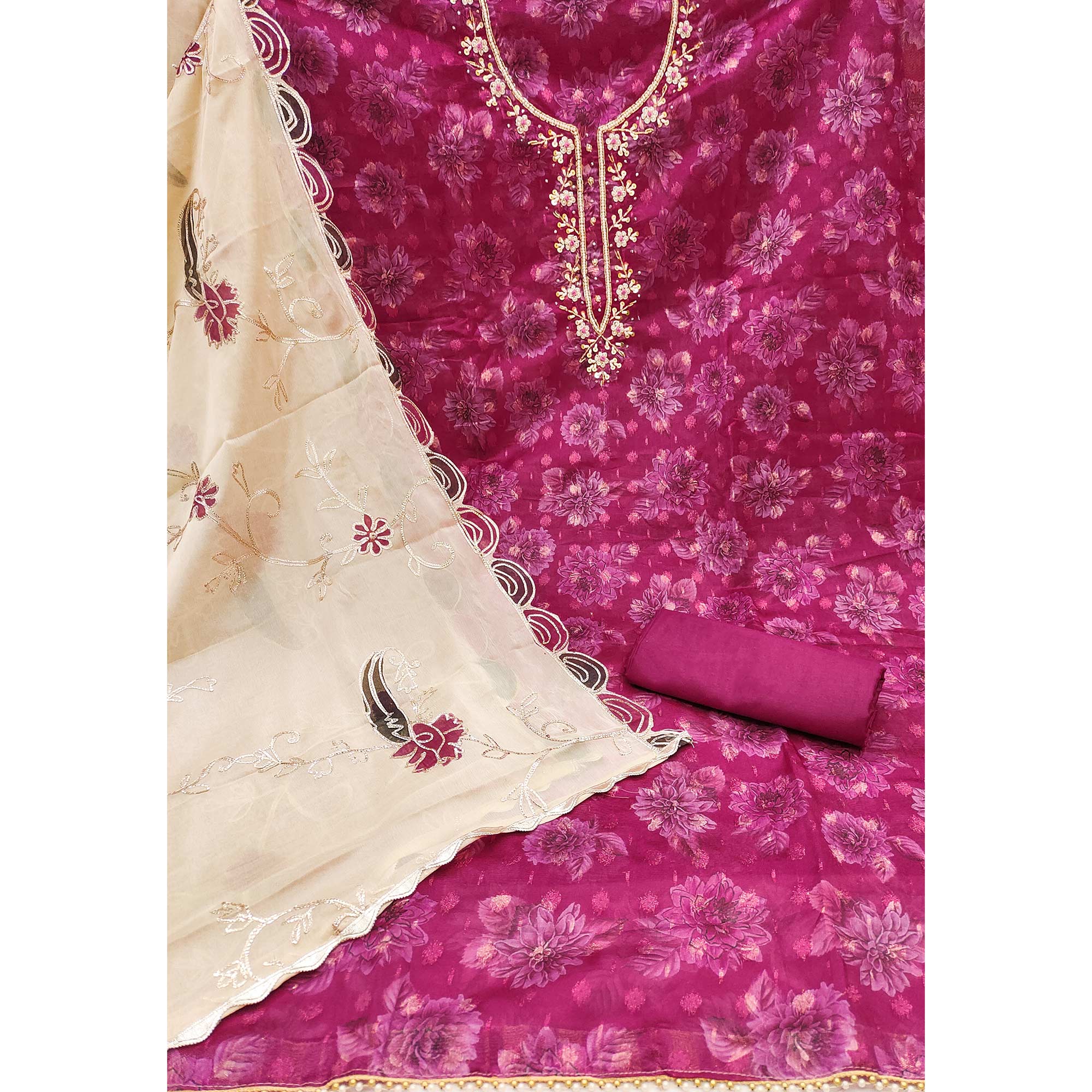 Dark Magenta Floral Printed With Handwork Viscose Banarasi Dress Material