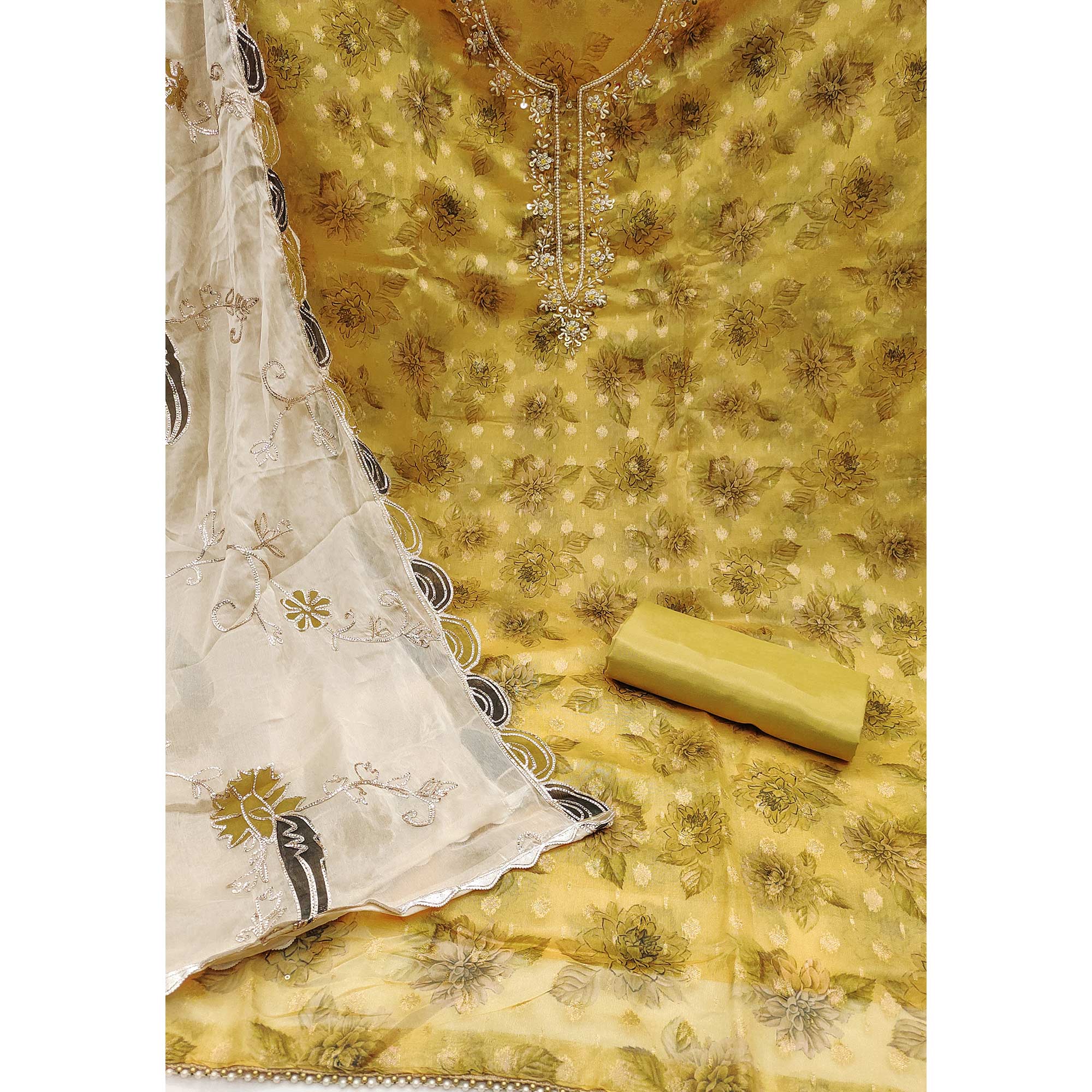 Mustard Floral Printed With Handwork Viscose Banarasi Dress Material