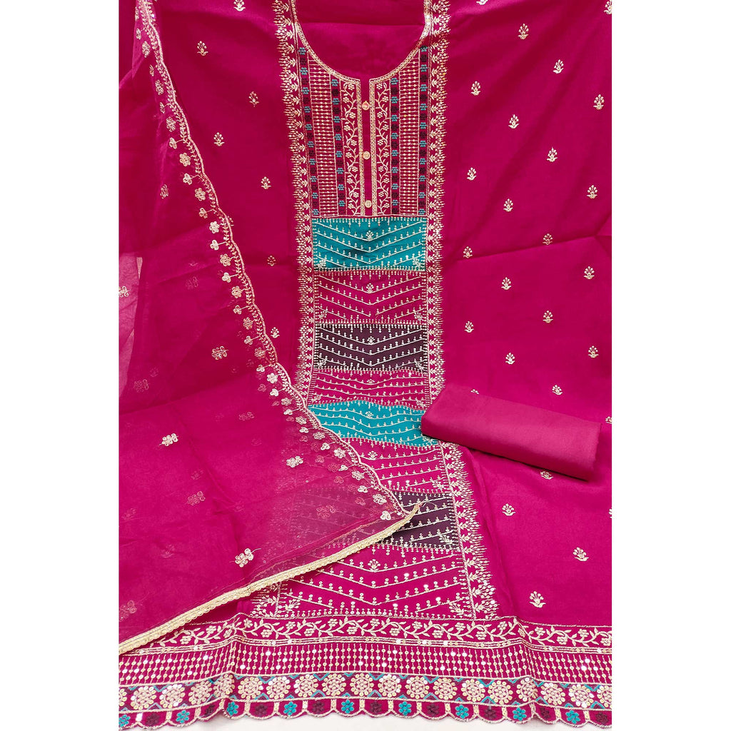 Pink Floral Sequins Embroidered Roman Cotton Silk Dress Material