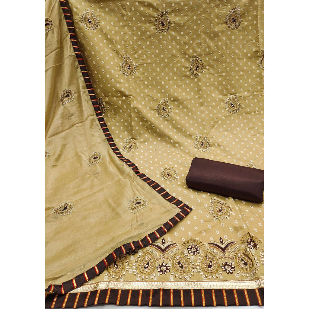 Beige Zari Embroidery With Handwork Roman Cotton Silk Dress Material