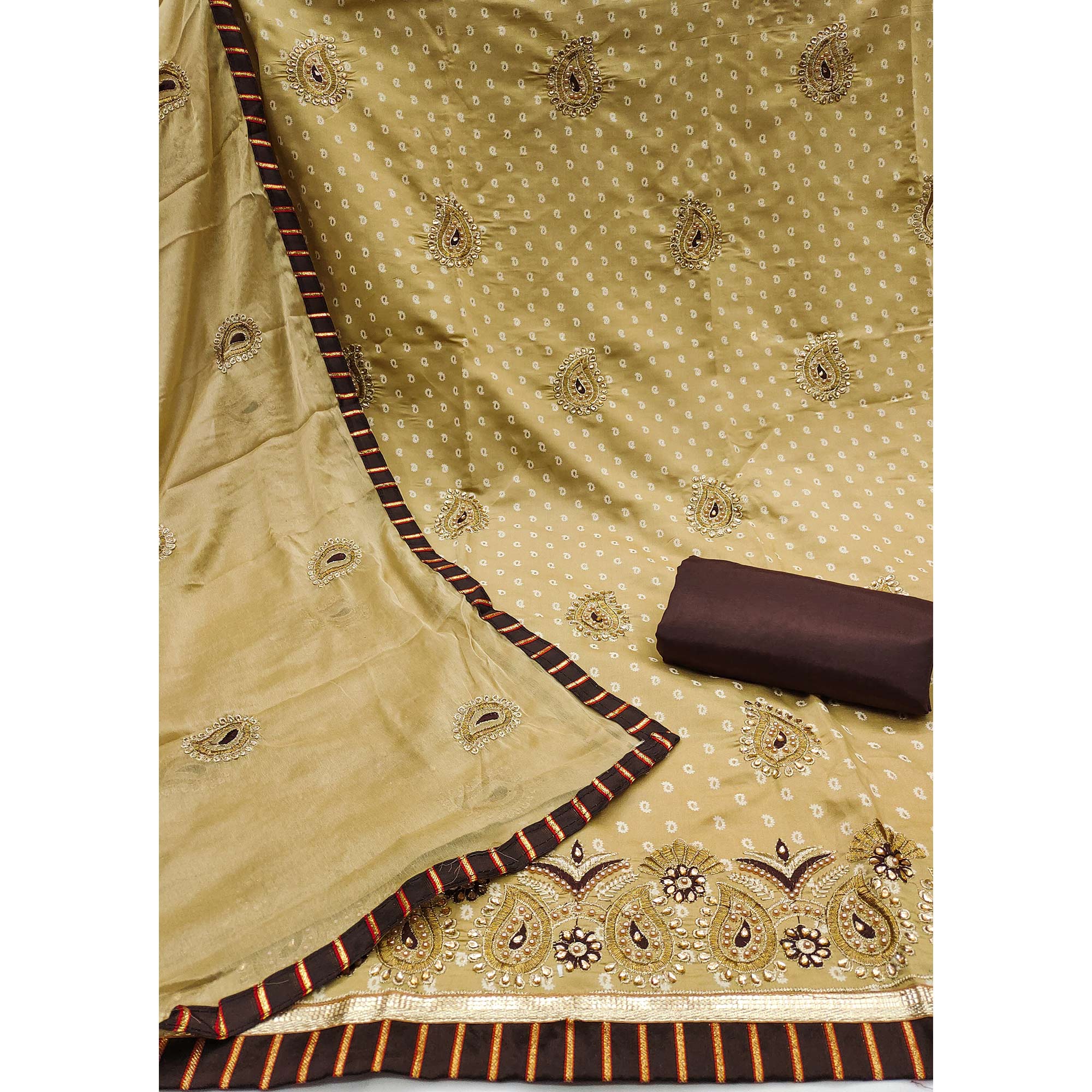 Beige Zari Embroidery With Handwork Roman Cotton Silk Dress Material