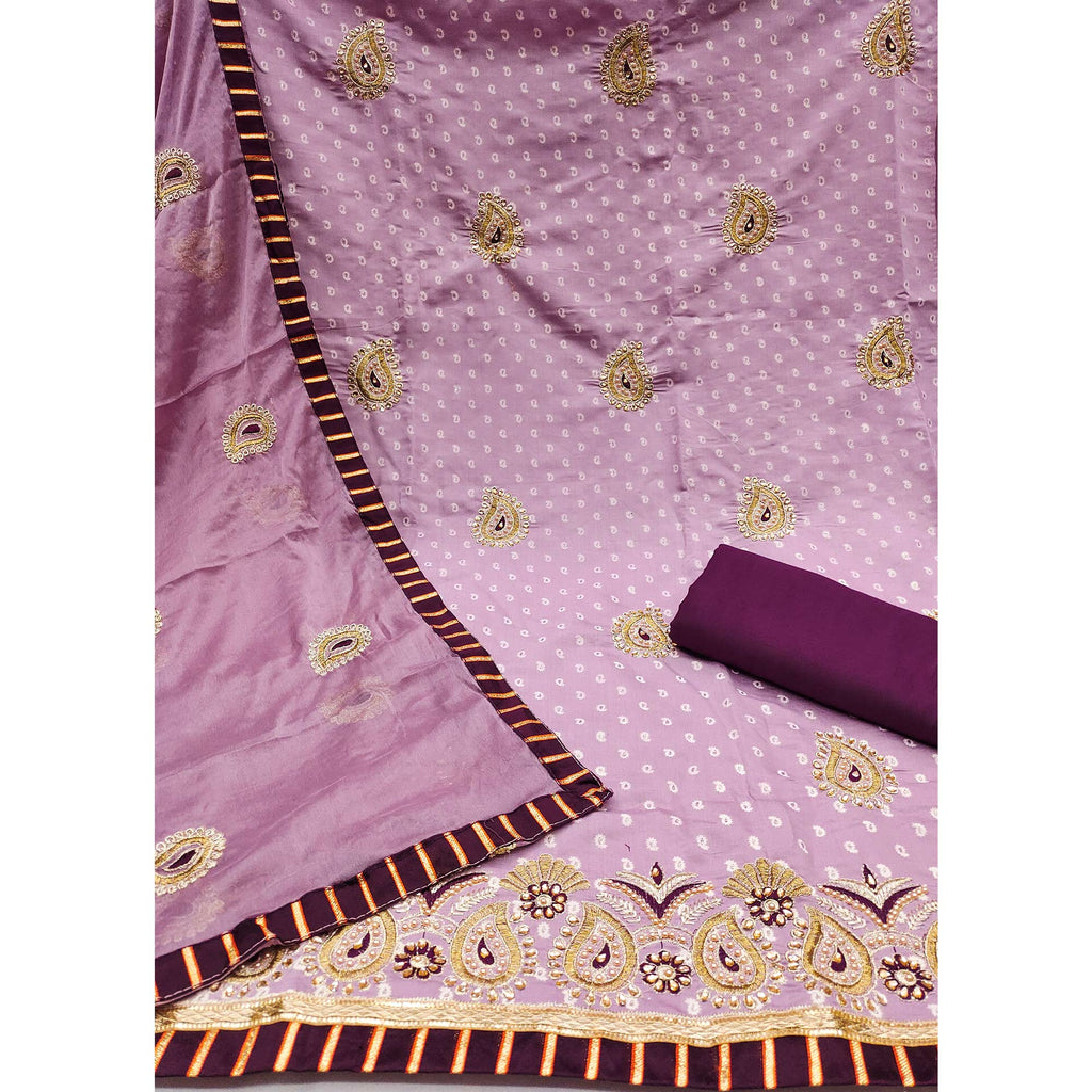 Light Purple Zari Embroidery With Handwork Roman Cotton Silk Dress Material