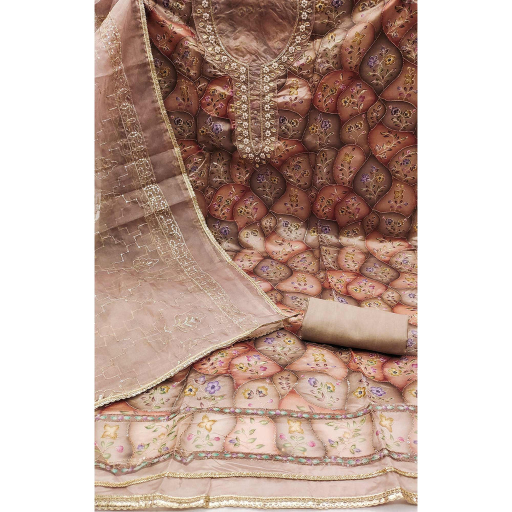 Dark Brown Floral Sequins Embroidery With Handwork Organza Dress Material