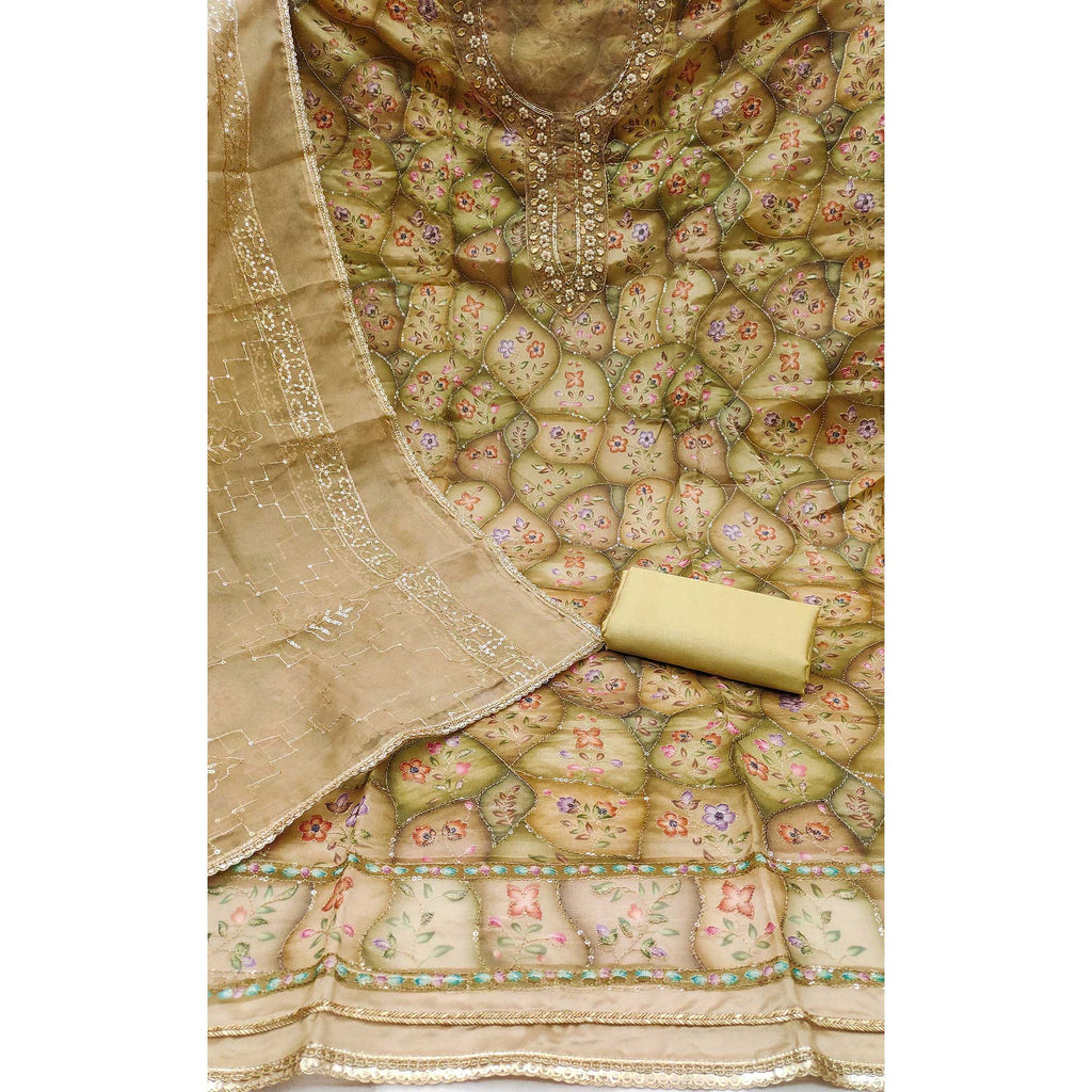 Green Floral Sequins Embroidery With Handwork Organza Dress Material