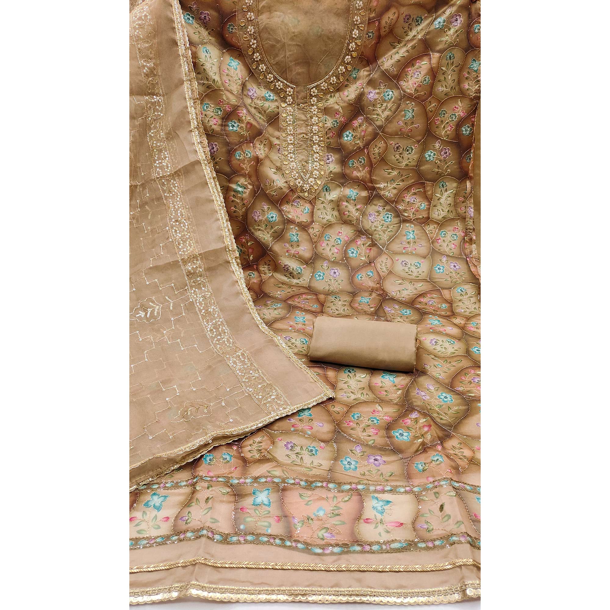 Light Brown Floral Sequins Embroidery With Handwork Organza Dress Material