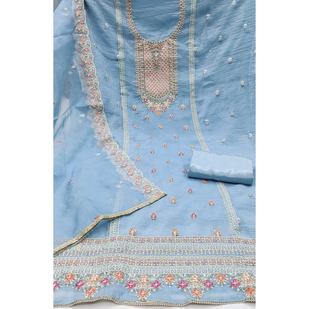 Blue Floral Sequins Embroidery Viscose Dress Material