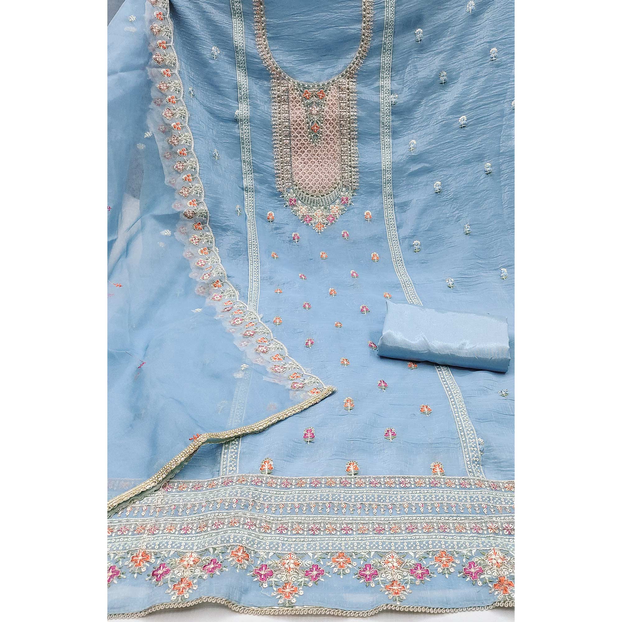 Blue Floral Sequins Embroidery Viscose Dress Material