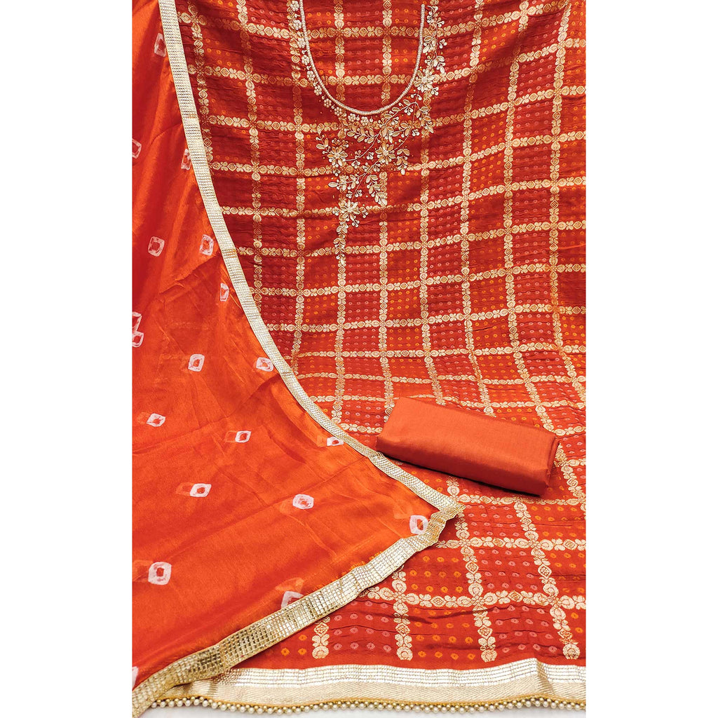Orange Bandhani Woven With Handwork Cotton Silk Banarasi Dress Material