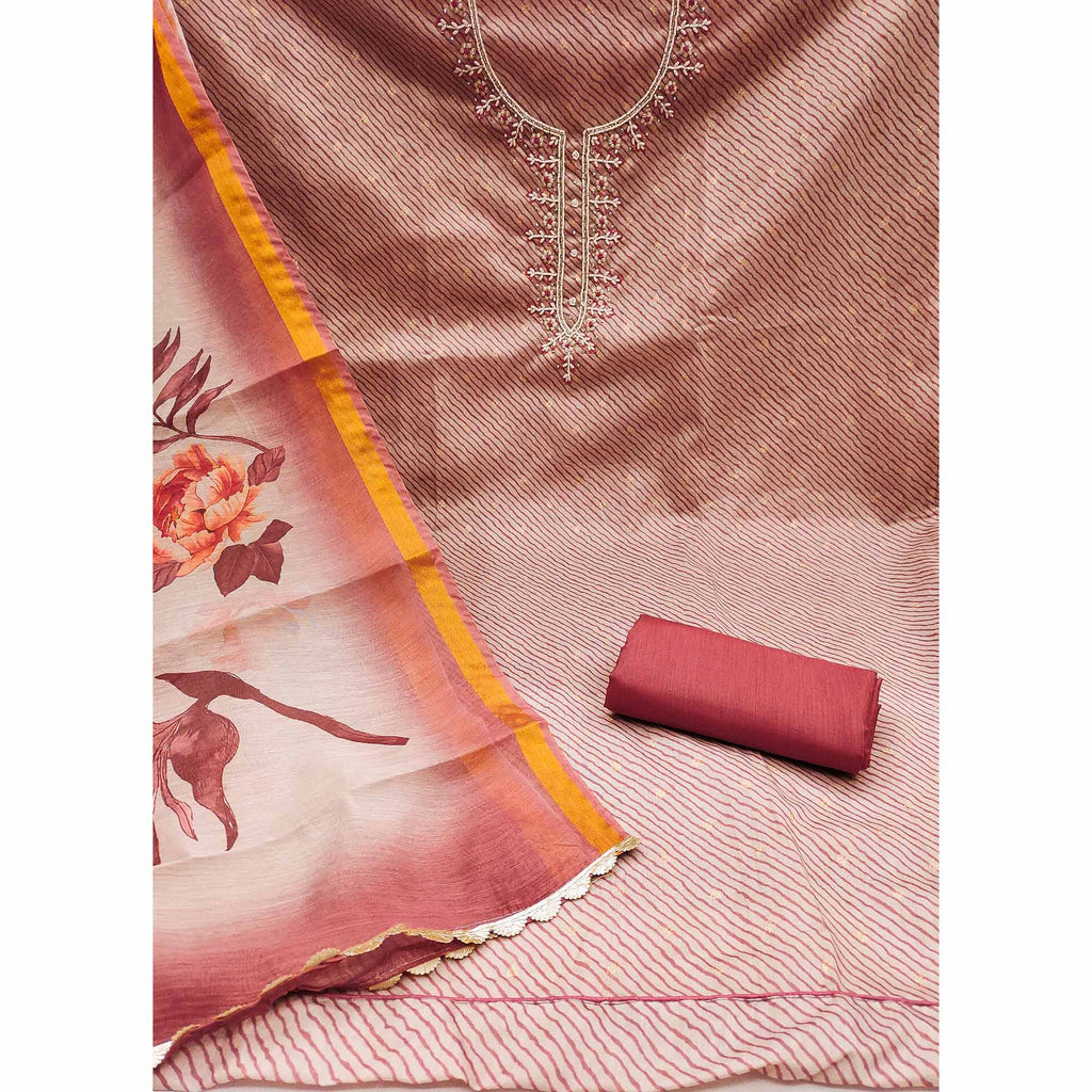 Dark Peach Digital Printed With Handwork Modal Chanderi Silk Dress Material