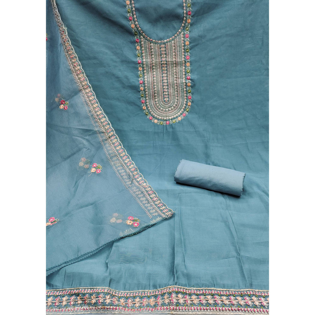 Blue Floral Embroidered Roman Cotton Silk Dress Material