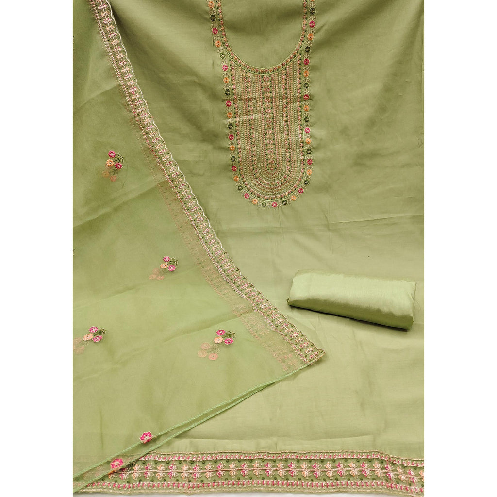 Green Floral Embroidered Roman Cotton Silk Dress Material