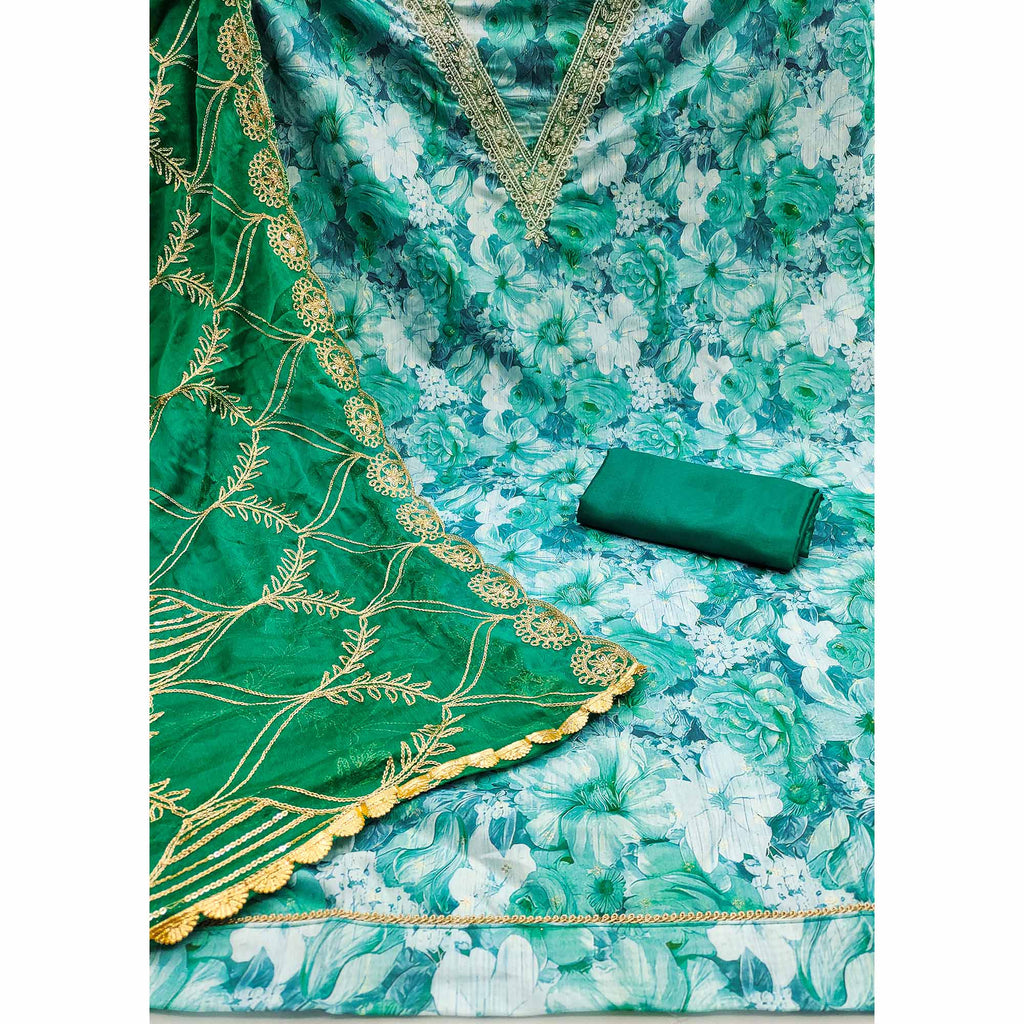 Green Digital Printed With Handwork Viscose Banarasi Dress Material