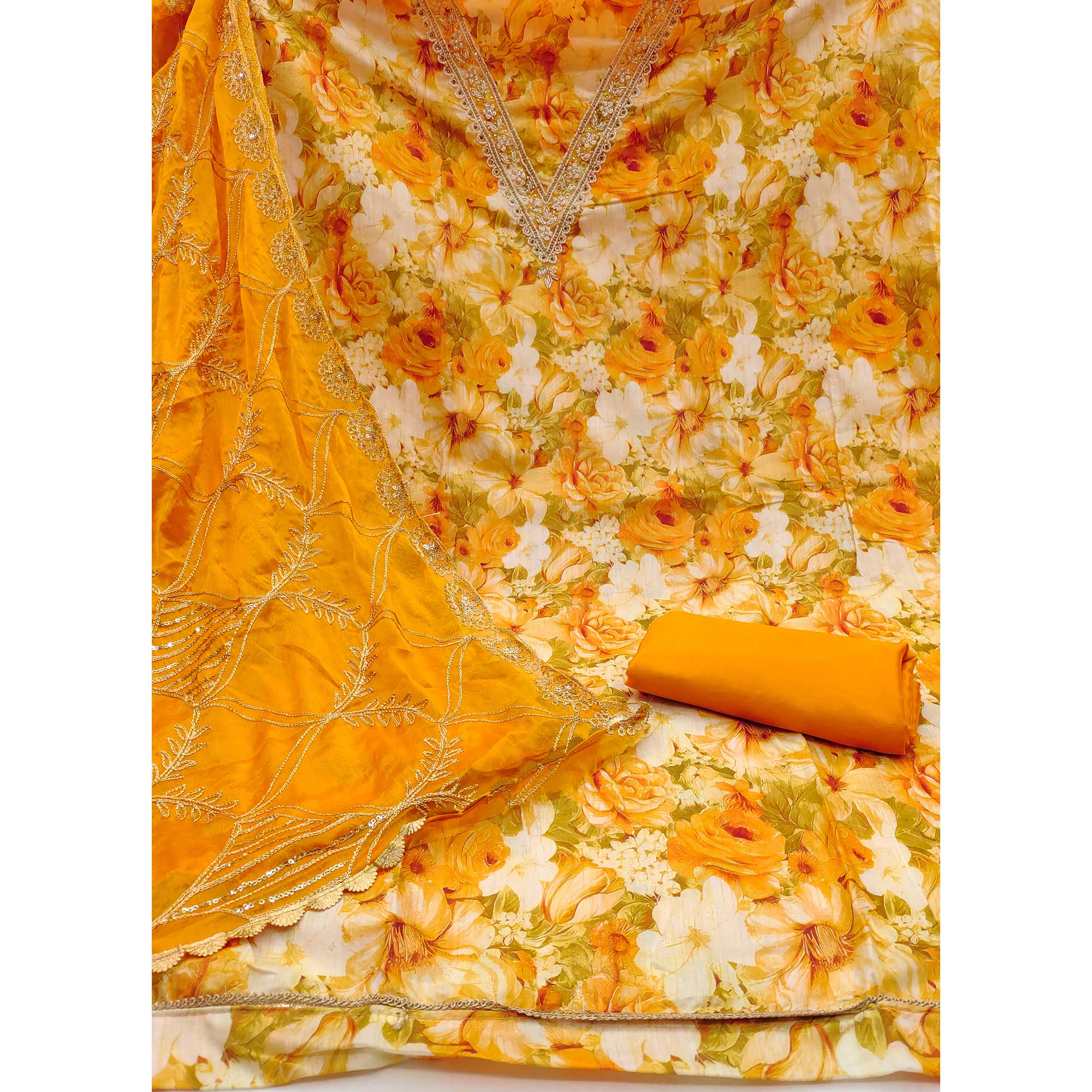 Mustard Digital Printed With Handwork Viscose Banarasi Dress Material