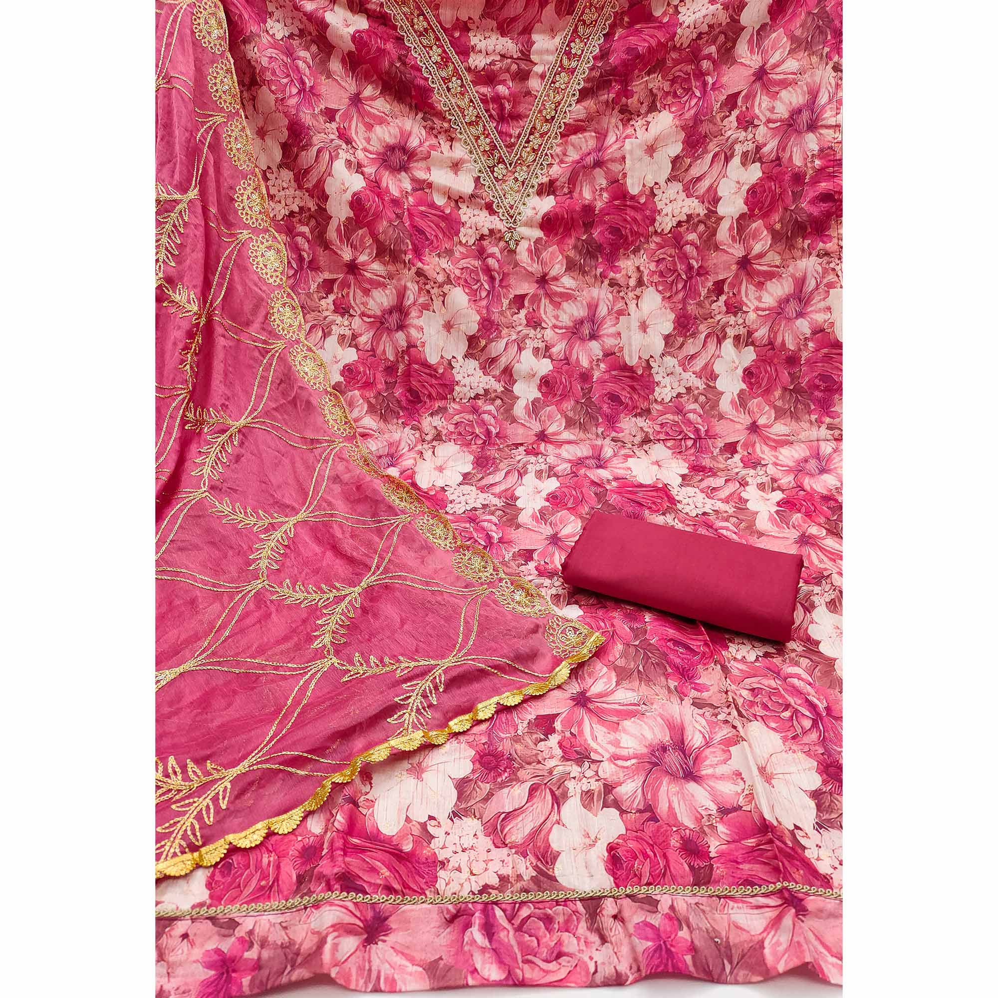 Pink Digital Printed With Handwork Viscose Banarasi Dress Material