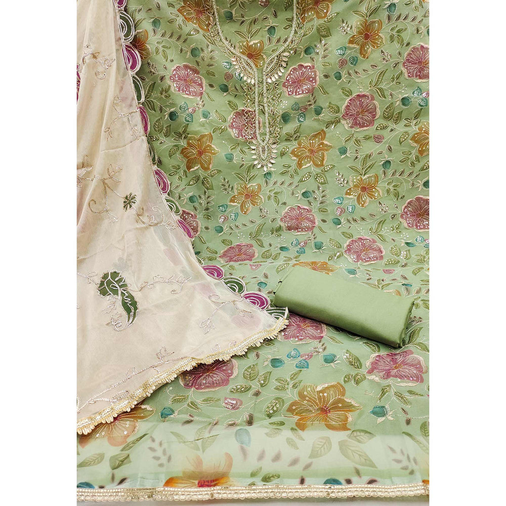 Green Sequins Embroidery With Handwork Organza Dress Material